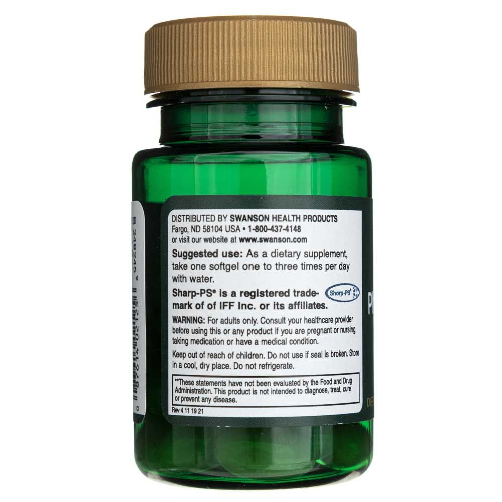 Rückseite einer Swanson Phosphatidylserin 100 mg Softgel Flasche mit Anwendungshinweisen und Warnungen.