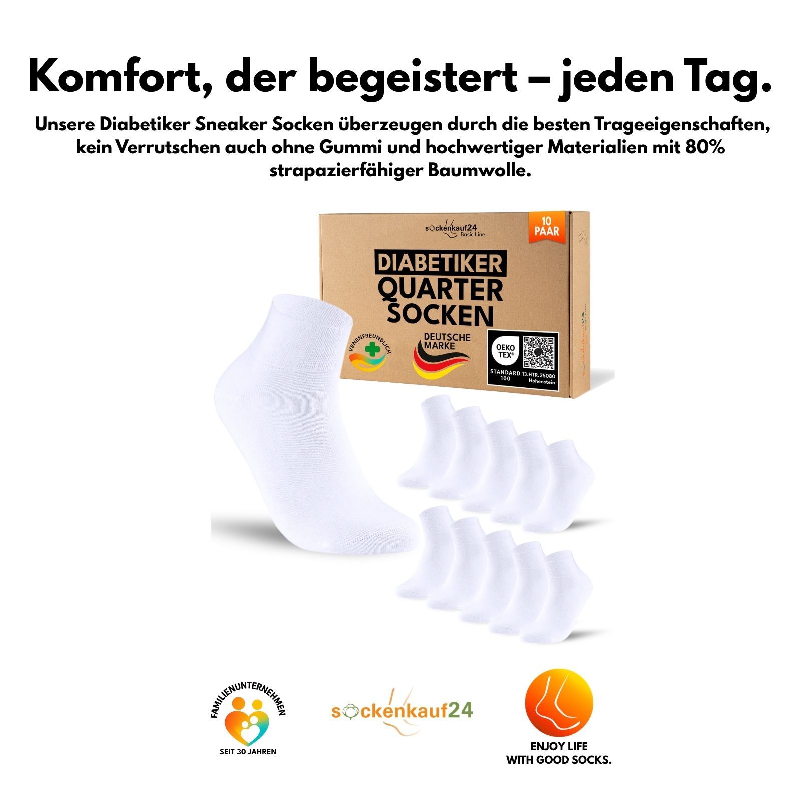 Diabetiker Quarter Socken mit Komfortbund ohne Gummi & ohne Naht für Damen und Herren