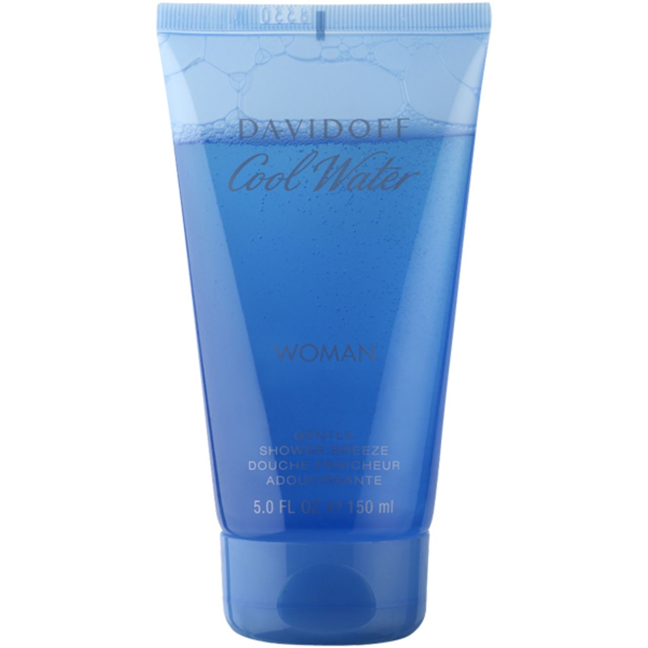 Davidoff Cool Water Woman Shower Breeze. Blaue Tube mit blauer Flüssigkeit. Text: Davidoff, Cool Water, Woman, Shower Breeze. 150 ml.