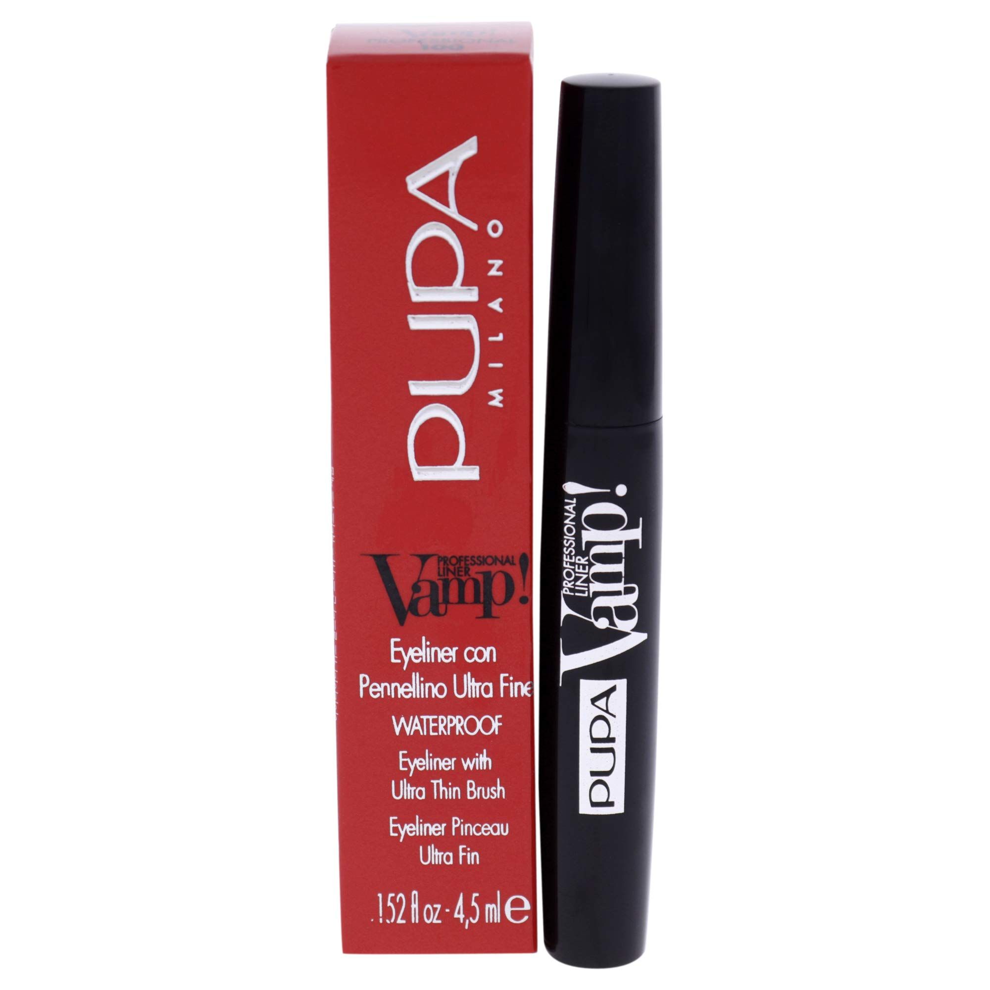 Schwarzer Eyeliner mit roter Verpackung. Auf der Verpackung steht Pupa Milano, Vamp! und Waterproof. Der Eyeliner hat einen feinen Pinsel.