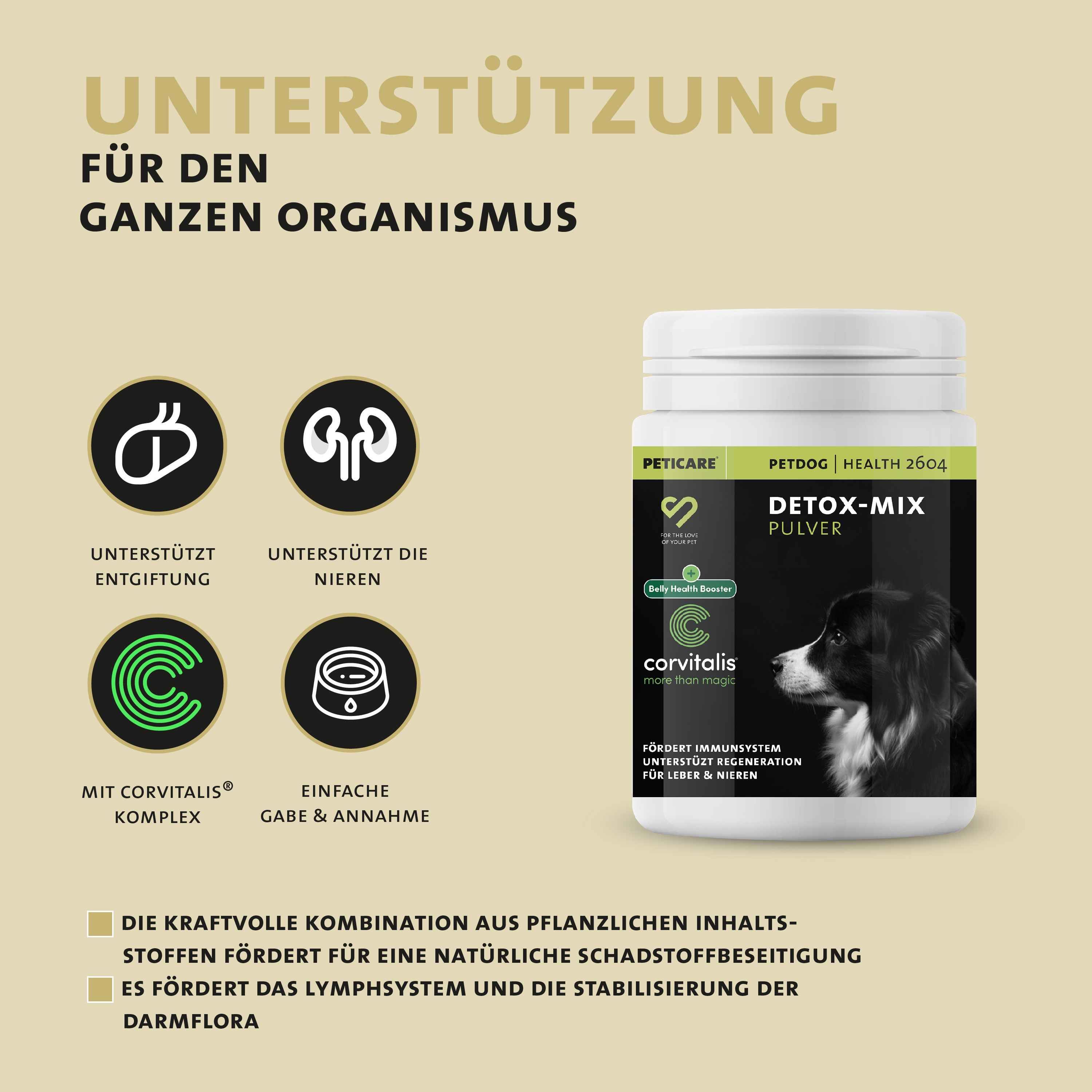 Peticare Detox-Mix Pulver Behälter neben Icons für Entgiftung, Nieren, Corvitalis und einfache Gabe.
