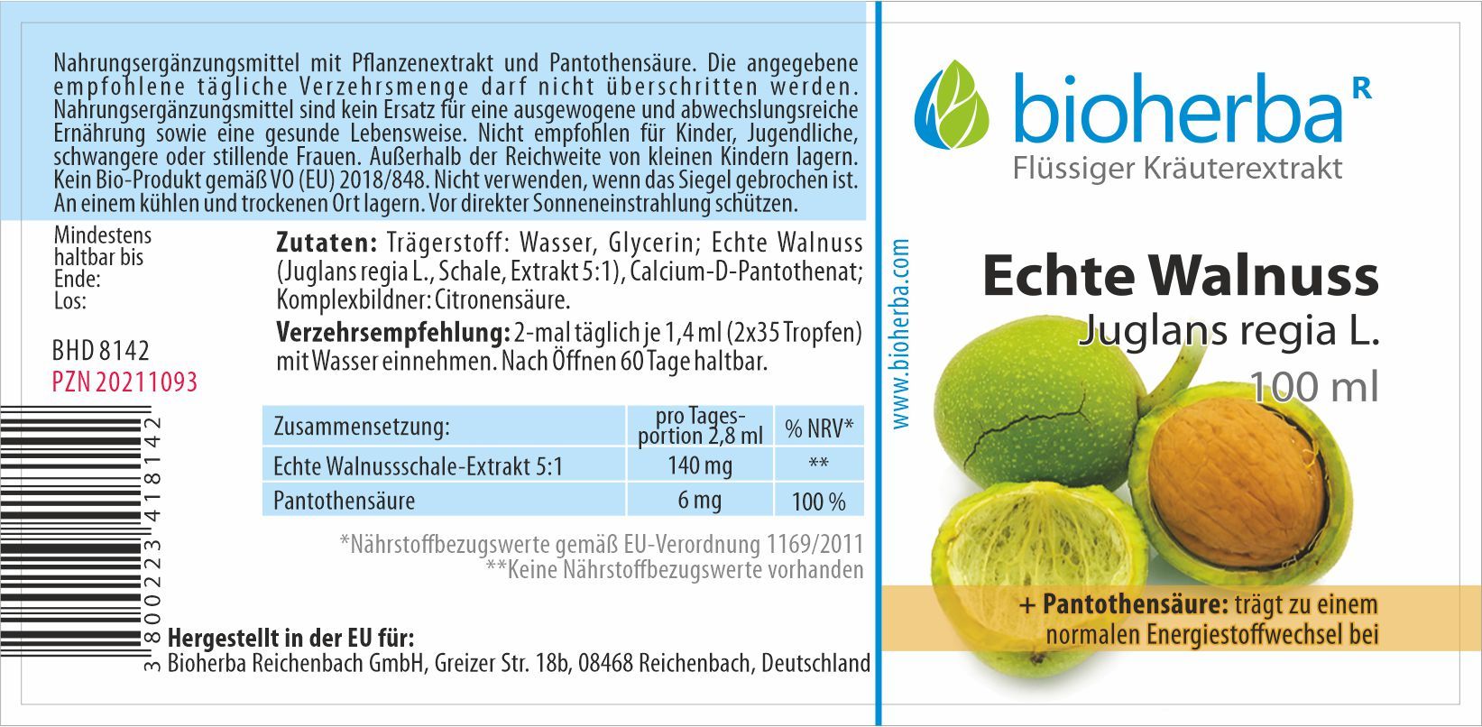 Etikett mit Produktinformationen. Bioherba Echte Walnuss, Juglans regia L. Tropfen. Zutaten, Verzehrempfehlung, Nährwertangaben.