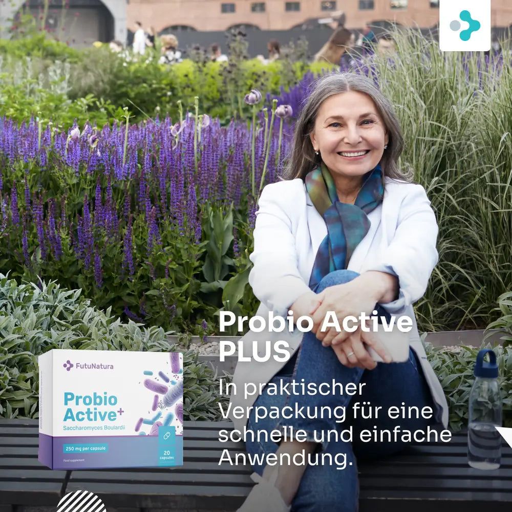 Frau sitzt im Freien neben FutuNatura Probio Active PLUS Packung.
