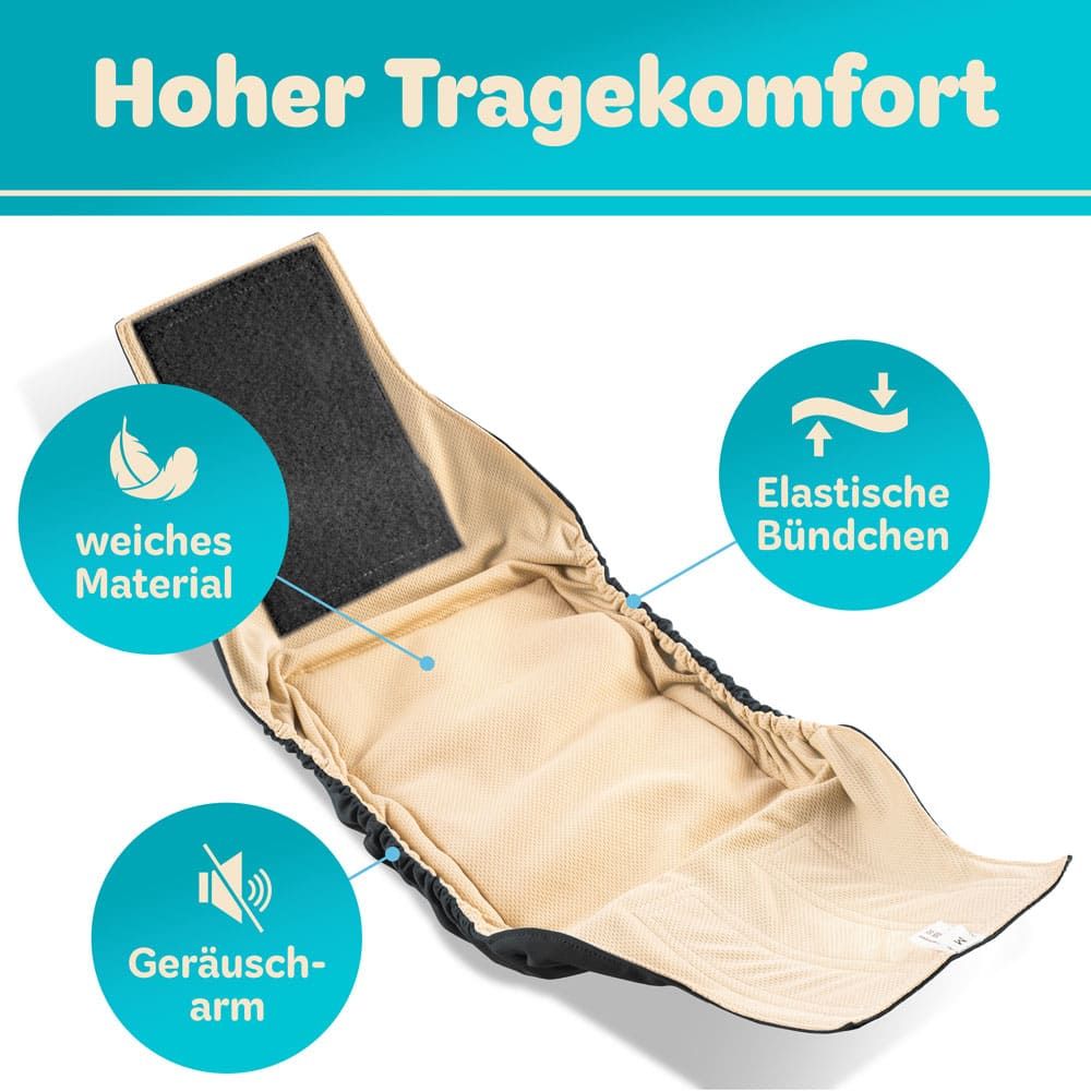 Offene Hundewindel. Innen beige, außen schwarz. Text: Hoher Tragekomfort, weiches Material, elastische Bündchen.