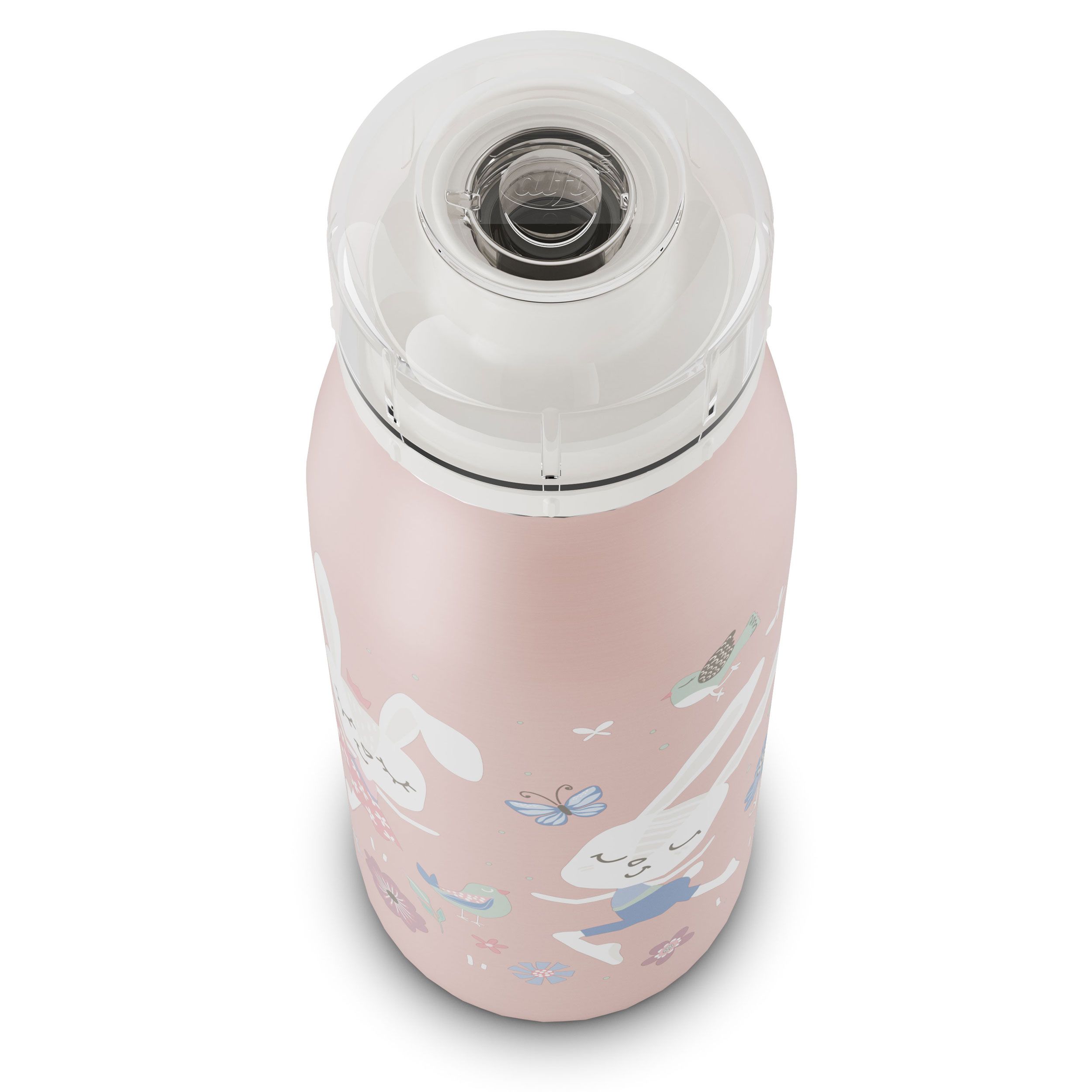 Oberansicht der rosa Isolierflasche mit Hasenmotiv und offenem Deckel.