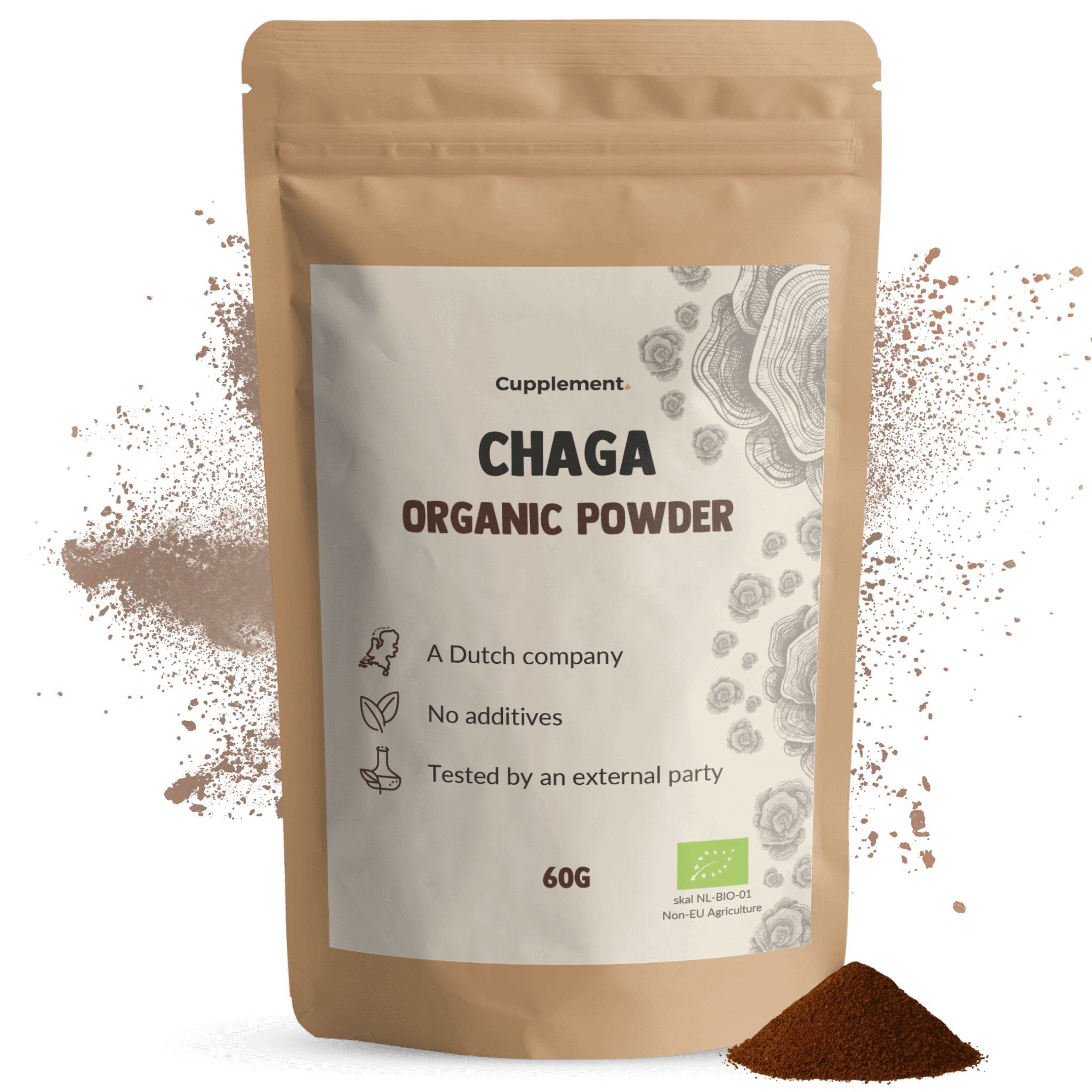 Beutel mit Chaga Organic Powder. Aufschrift: Cupplement, Chaga Organic Powder, 60g. Mit EU-Bio-Logo.