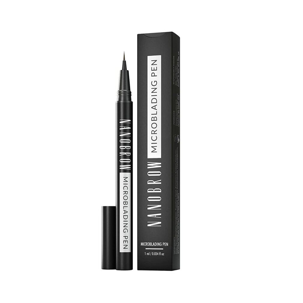Schwarzer Stift mit Kappe und Verpackung. Aufschrift: Nanobrow Microblading Pen.