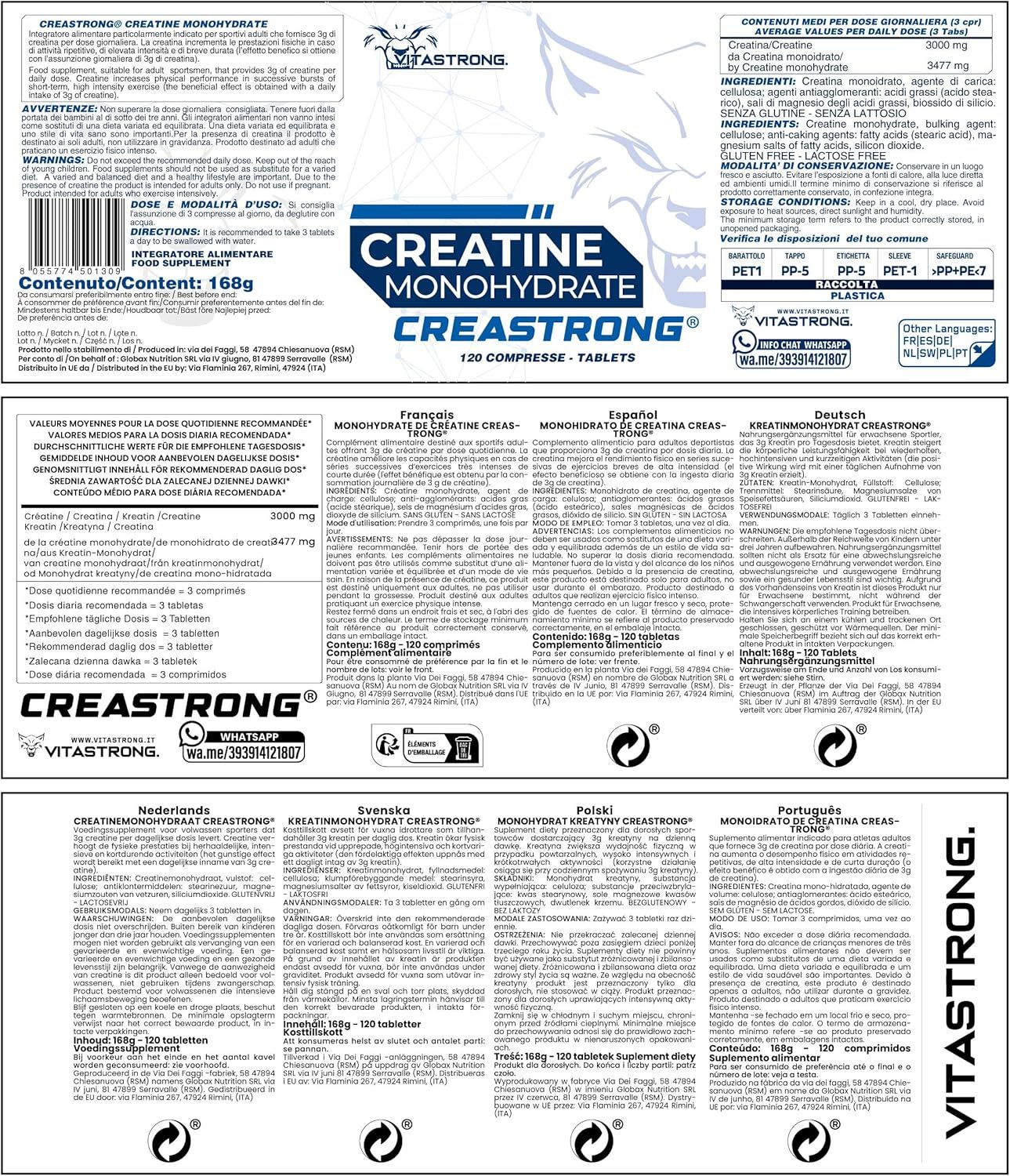 Etikett mit Produktinformationen. Enthält Text in mehreren Sprachen. Enthält Vitastrong und Creastrong.