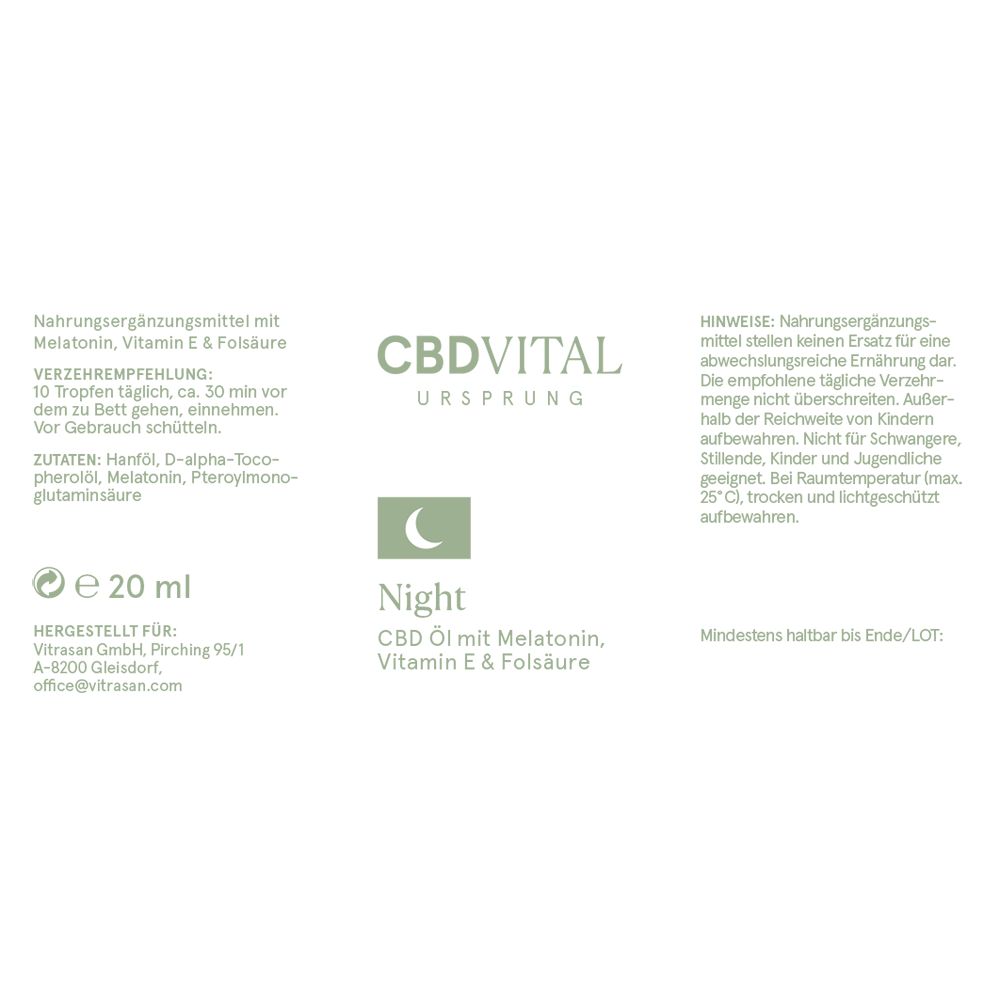 Etikett mit Text: CBD VITAL Ursprung Night, Mond-Symbol, CBD Öl mit Melatonin, Vitamin E & Folsäure. 20 ml.