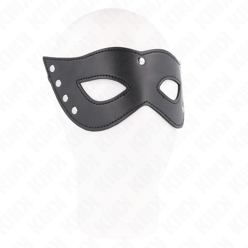 Schwarze Augenmaske mit Nieten. Zwei Augenöffnungen. Auf weißem Kopf. Lederoptik.