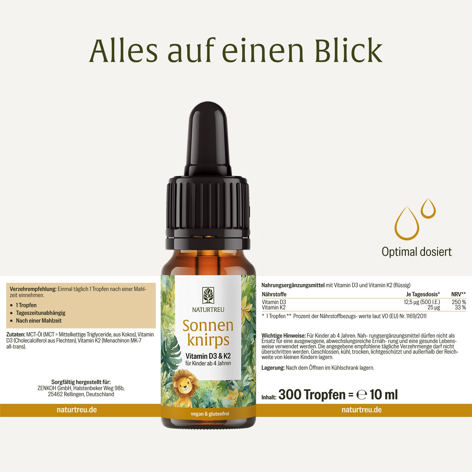 Tropfenflasche mit Dschungelmotiven und Textinformationen auf Deutsch.