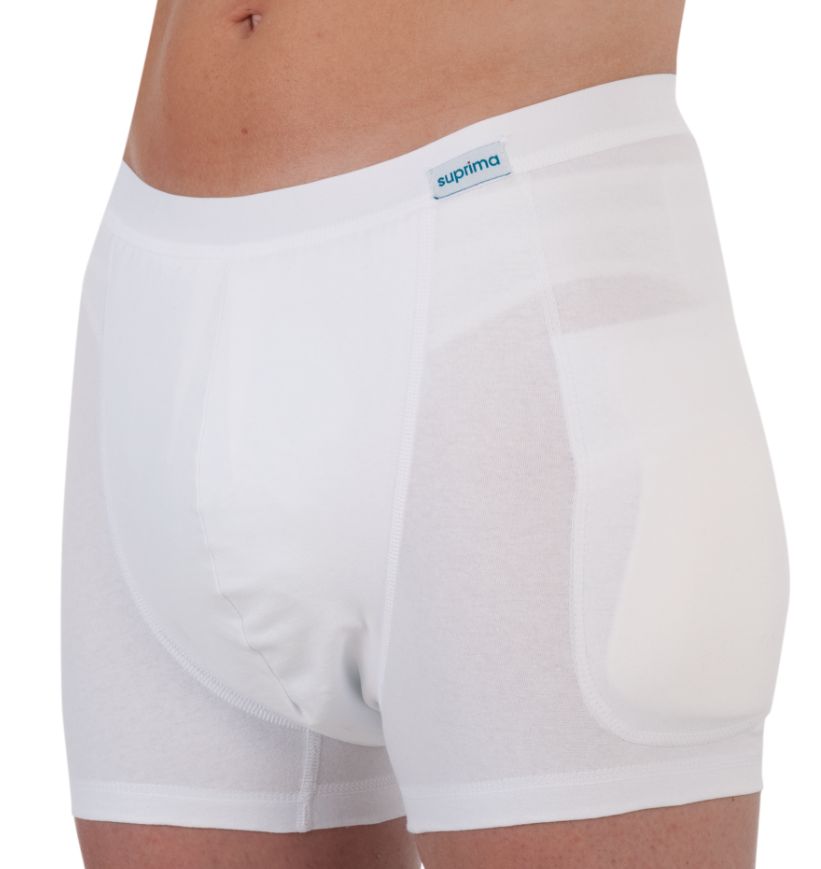 Weißer Hüftprotektor-Slip für Herren. Seitlich eingenähte Protektoren. Marke: Suprima. Angedeuteter Träger.