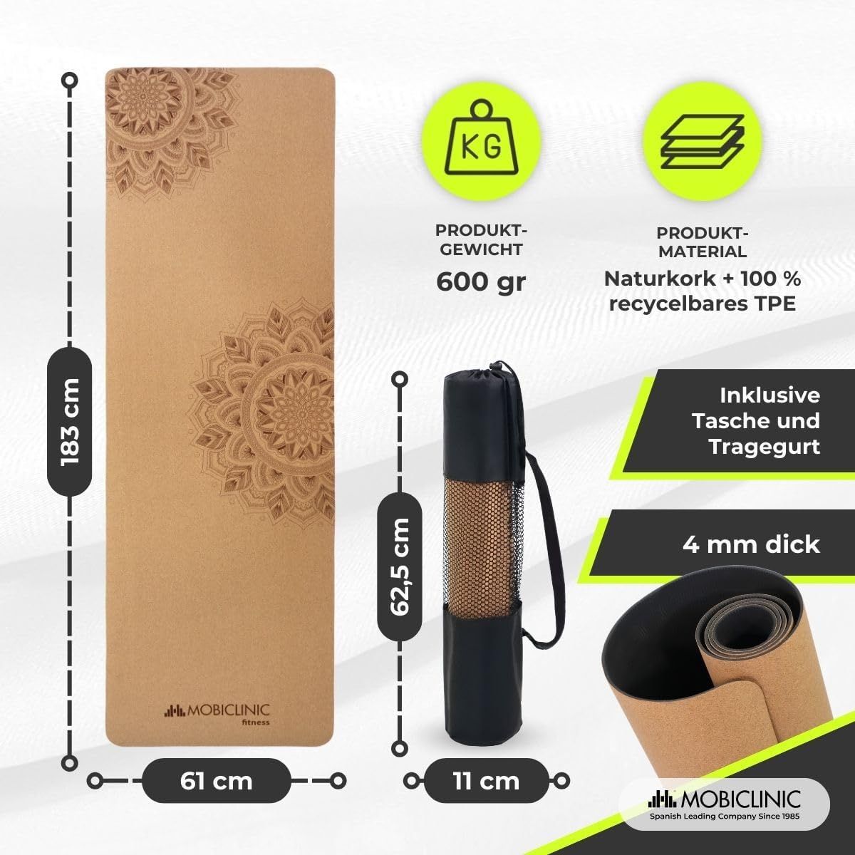 Braune Yogamatte aus Naturkork und recycelbarem TPE, 183x61 cm, 4 mm dick, mit Tasche.