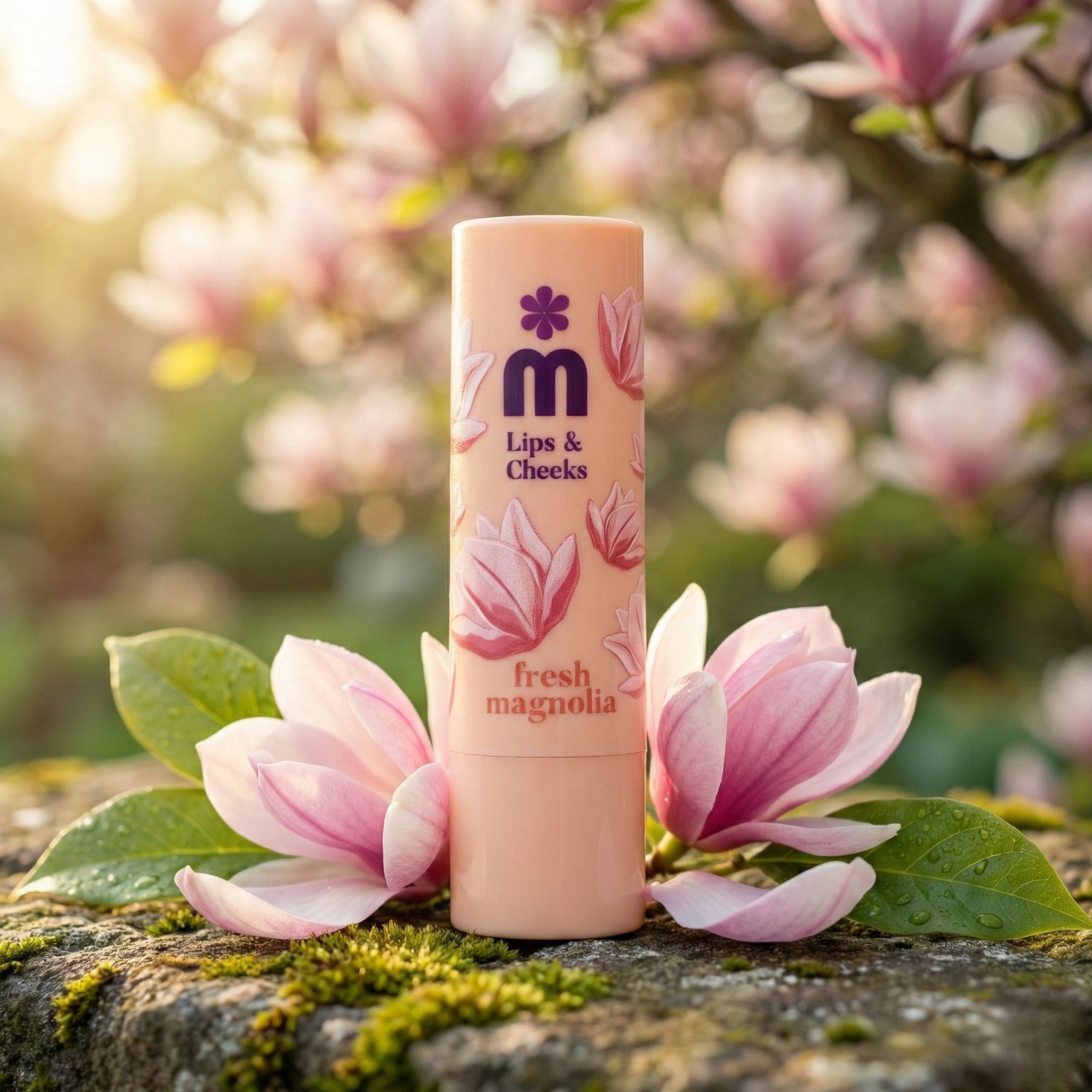 Lippen- und Wangenbalsam vor Magnolienblüten. Beige Verpackung mit Logo und Magnolia-Motiv. Auf Stein platziert.
