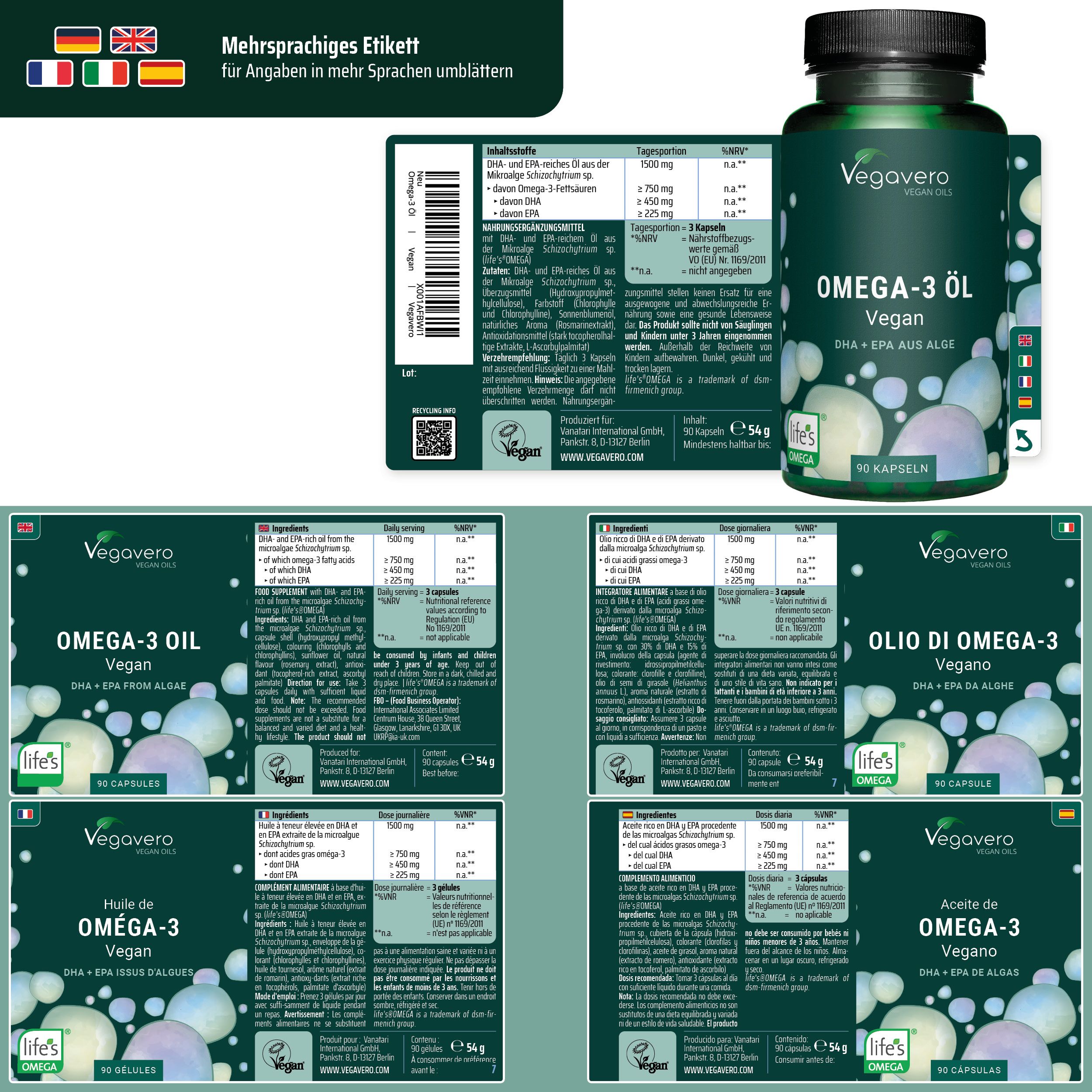 Produktverpackung mit Etiketten in verschiedenen Sprachen. Aufschrift: OMEGA-3 ÖL Vegan. 90 Kapseln. Logo: Life's Omega.