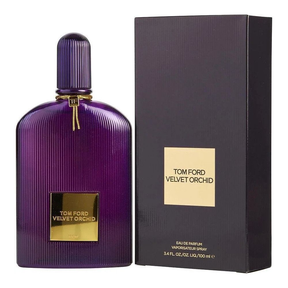 Violett-farbener Flakon und schwarze Schachtel. Goldfarbenes Etikett. Aufschrift: TOM FORD VELVET ORCHID. Flakon mit schwarzem Deckel.