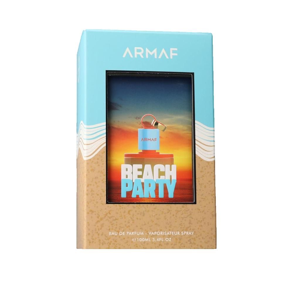 Hellblaue Schachtel mit Produktabbildung. Aufschrift "ARMAF" und "BEACH PARTY". Text: "EAU DE PARFUM - VAPORISATEUR SPRAY".