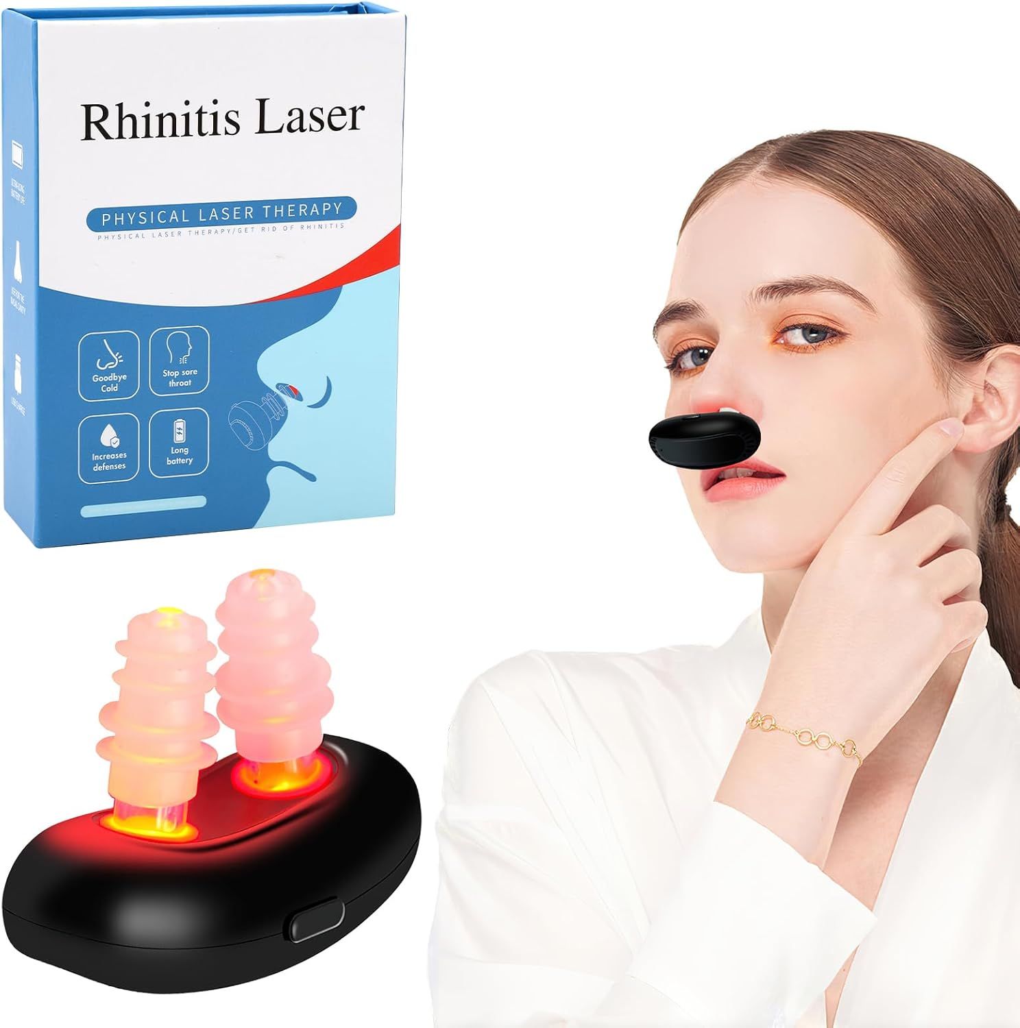 Produktverpackung und Frau mit Gerät in der Nase. Verpackung: Rhinitis Laser, Physical Laser Therapy. Gerät mit rotem Licht.