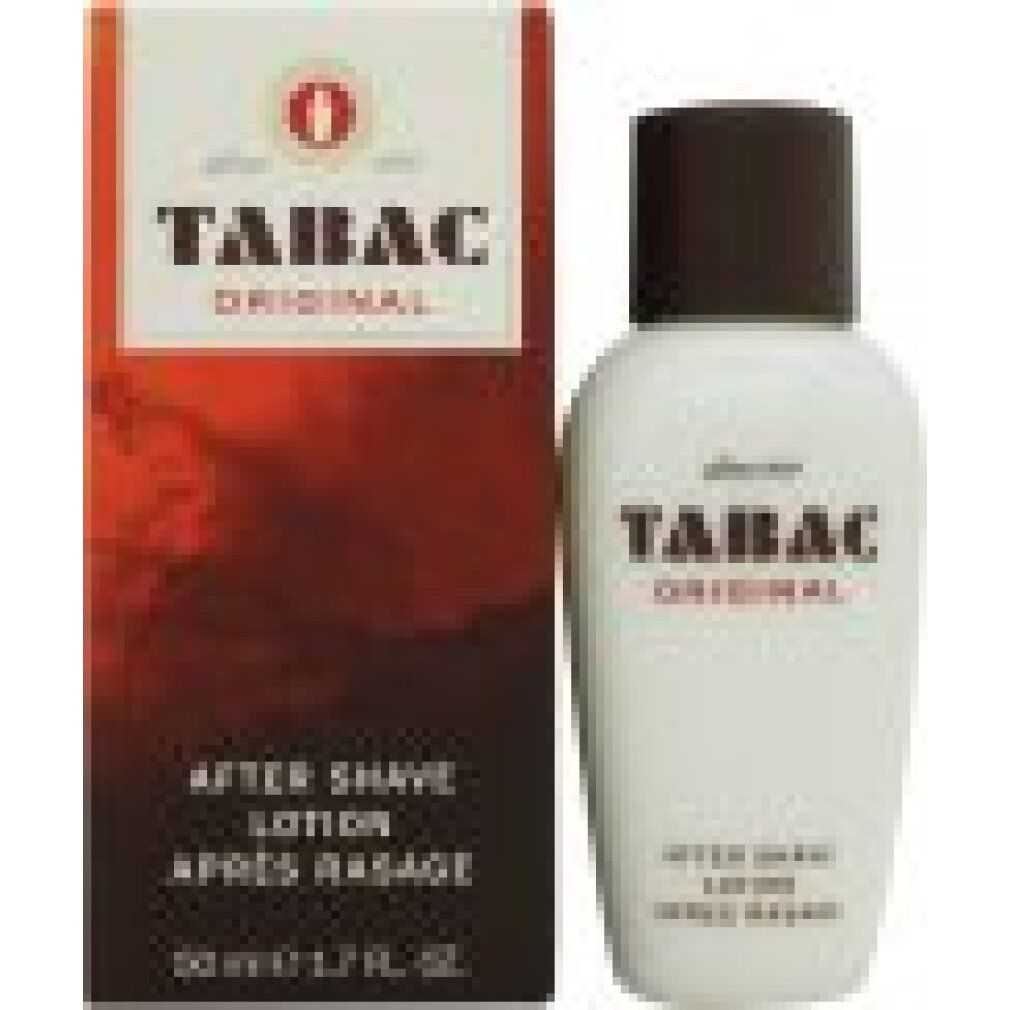 Weiße Flasche mit braunem Deckel und roter Schrift. Aufschrift: TABAC ORIGINAL, After Shave Lotion. Dahinter eine rote Schachtel.