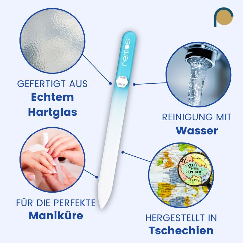 Glasnagelfeile mit blauem Griff. Text: Gefertigt aus Echtglas, Reinigung mit Wasser, für Maniküre, hergestellt in Tschechien.