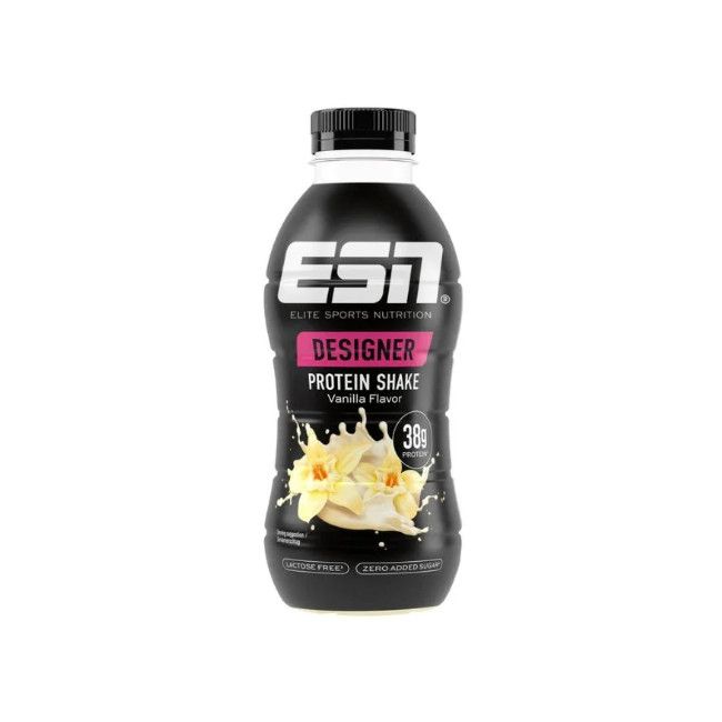 ESN Designer Protein Shake, Vanille-Geschmack, schwarze Flasche. Enthält 38g Protein. Lactosefrei, ohne Zuckerzusatz.