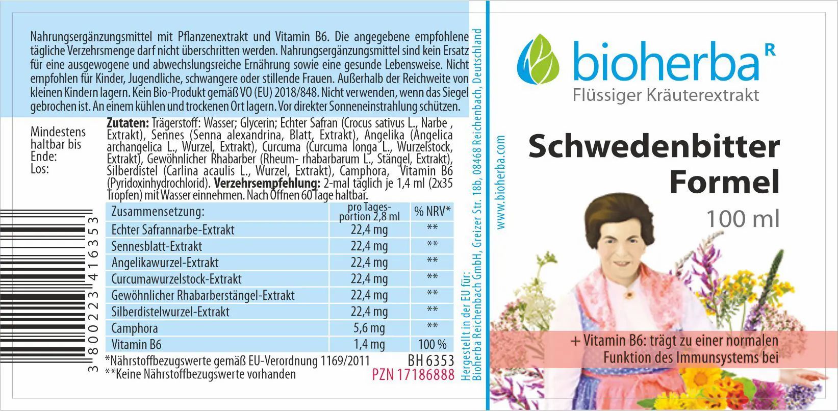 Etikett mit Produktinformationen und Logo. Enthält eine Tabelle mit Inhaltsstoffen und Nährwertangaben.
