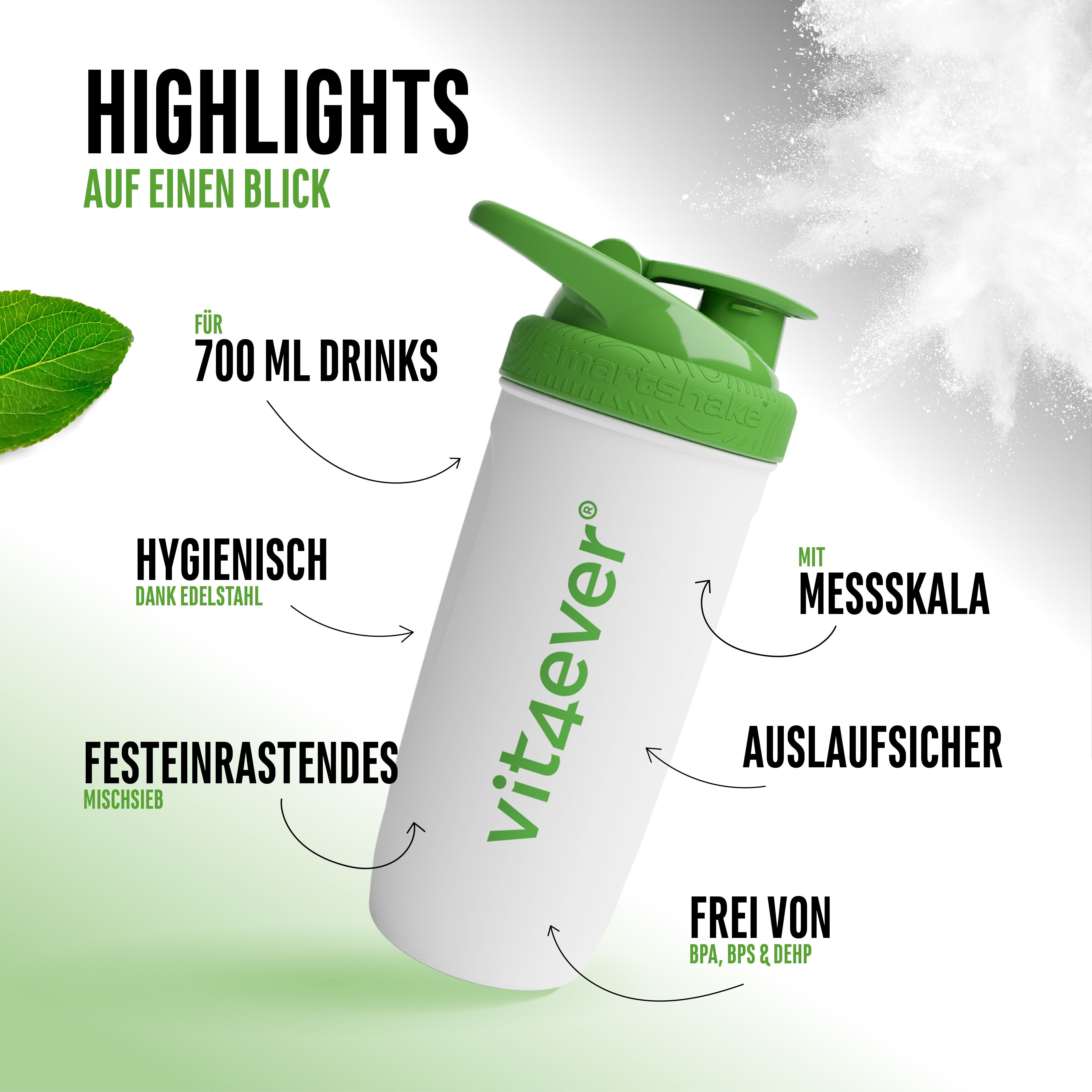 Weißer Shaker mit grünem Deckel. Text: vit4ever. Text: 700 ml Drinks.