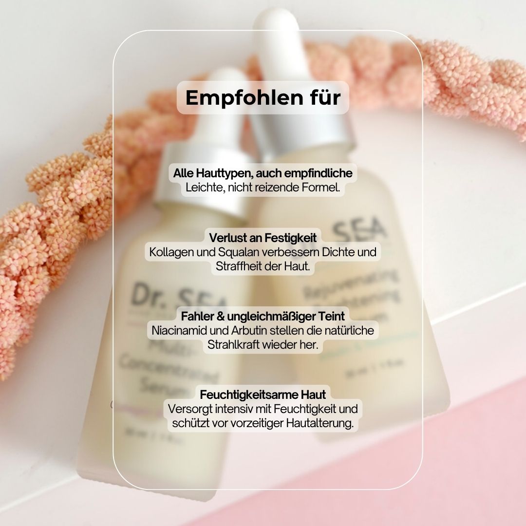 Serumflaschen mit Text. Aufschrift: Dr. SEA, Multi-Concentrated Serum, Collagen & Squalane. 30 ml | 1 fl.oz. Text über Empfehlungen.