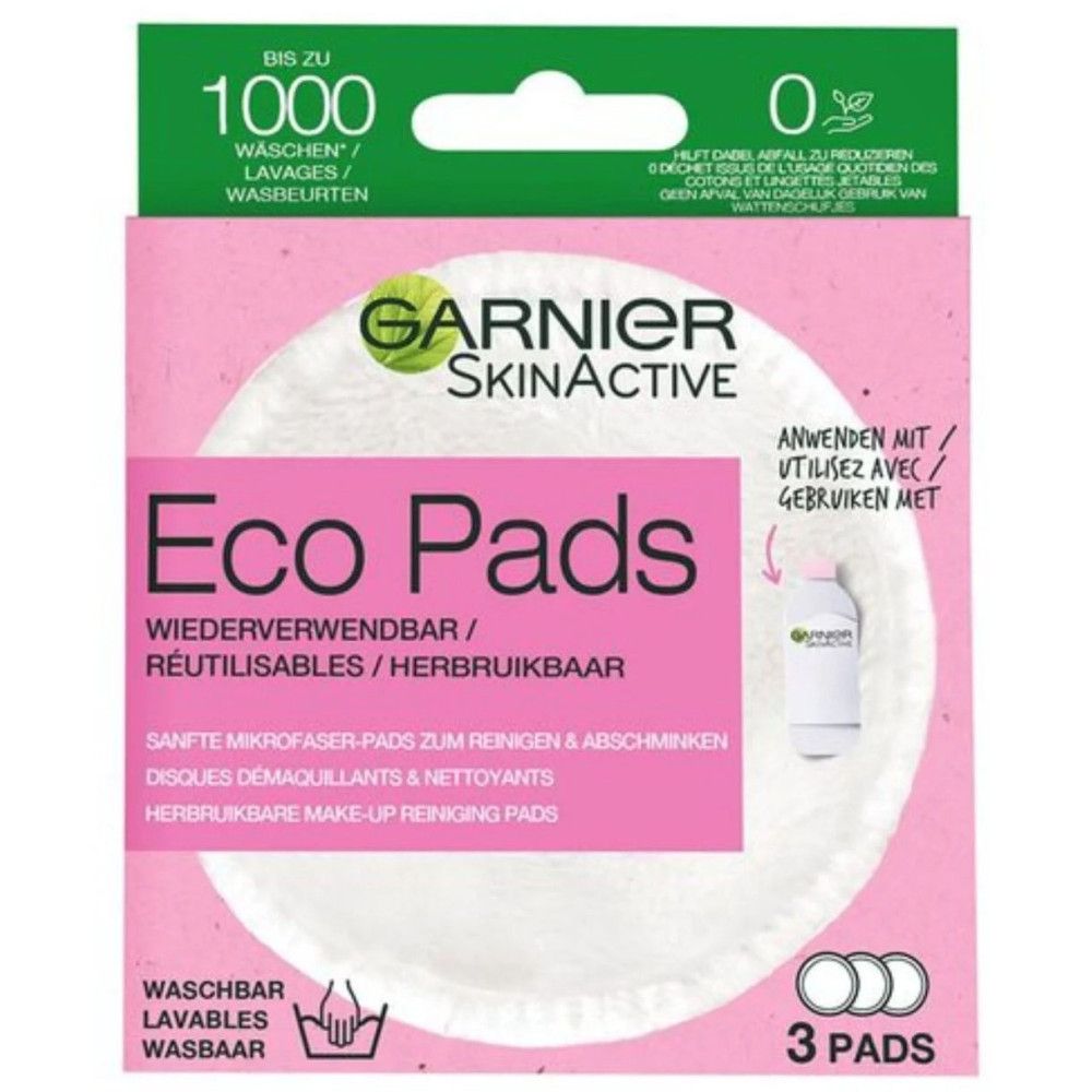 Garnier SkinActive Eco Pads in Verpackung. Rosa-weißes Design, 3 Pads. Wiederverwendbar, waschbar.