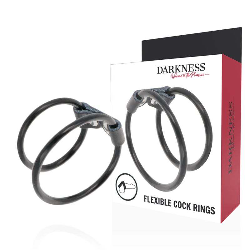 Verpackung mit zwei doppelten Penisringen. Marke: Darkness. Text: Flexible Cock Rings. Abbildung eines Penisrings.