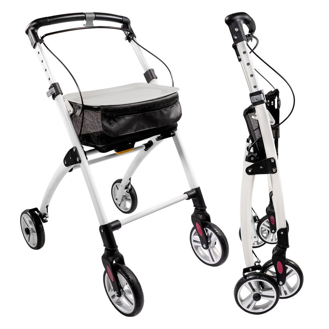 Weißer Rollator mit vier Rädern, Korb und Sitzfläche. Zusammengeklappt dargestellt.