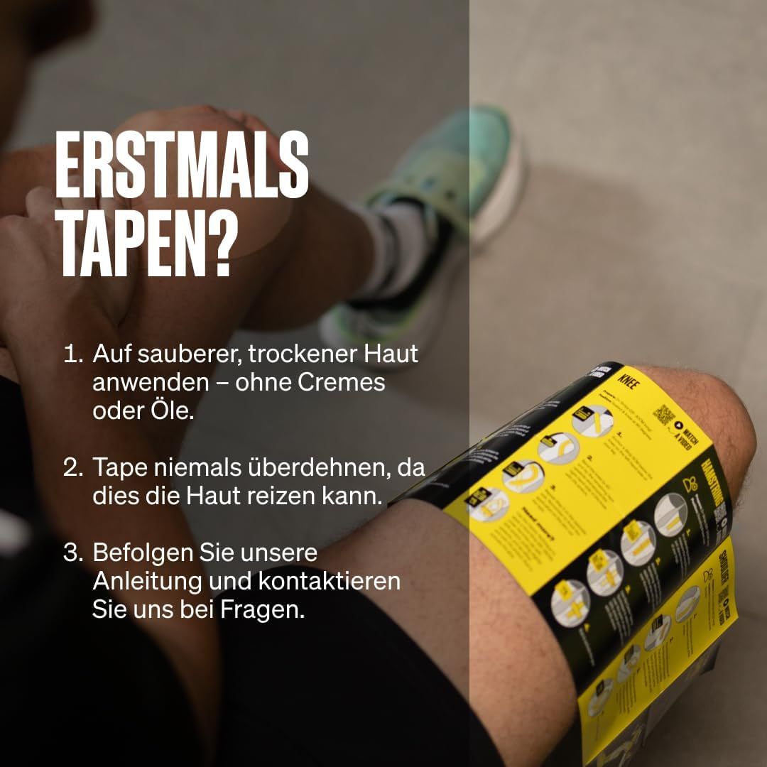 Anleitung zur Erstanwendung von Kinesio-Tape auf sauberer, trockener Haut ohne Überdehnung.