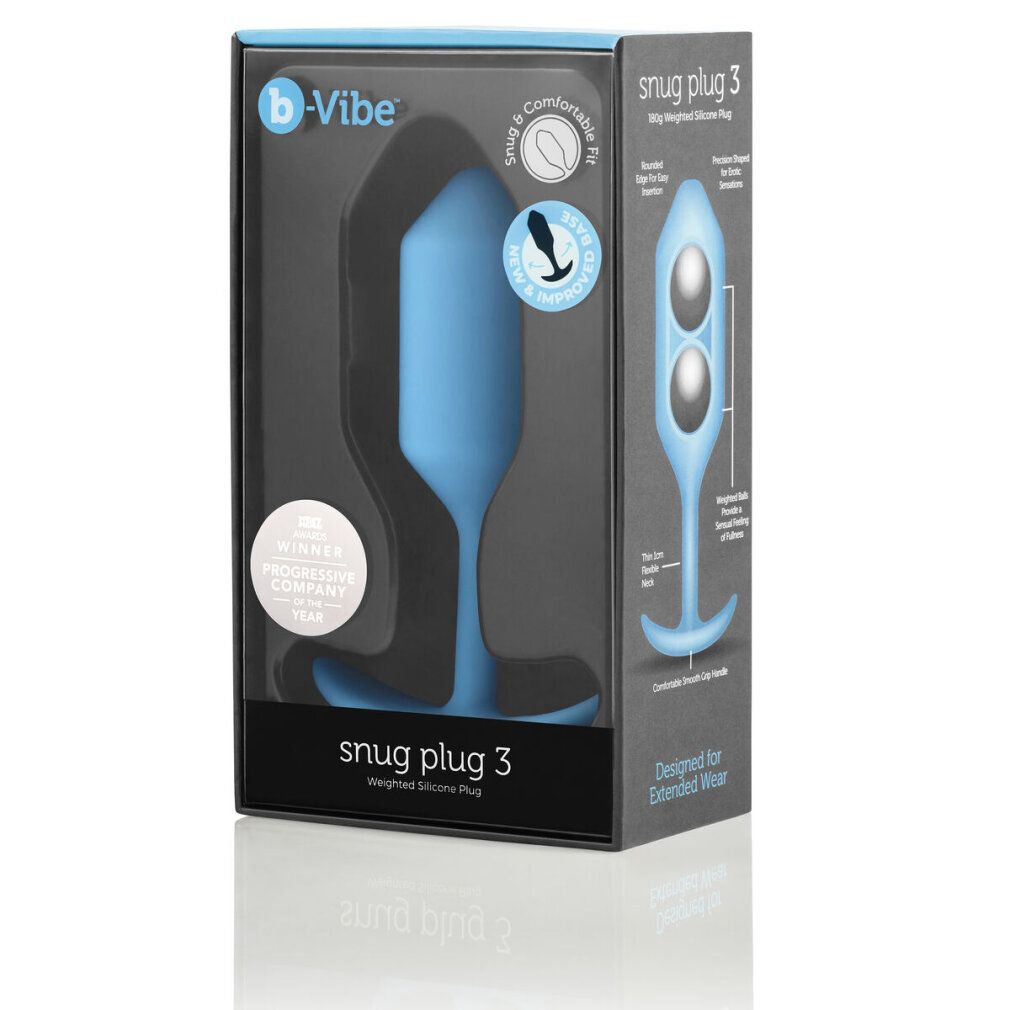 Verpackung von b-Vibe Snug Plug 3. Produkt in Sichtfenster. Text: Snug Plug 3, Weighted Silicone Plug.