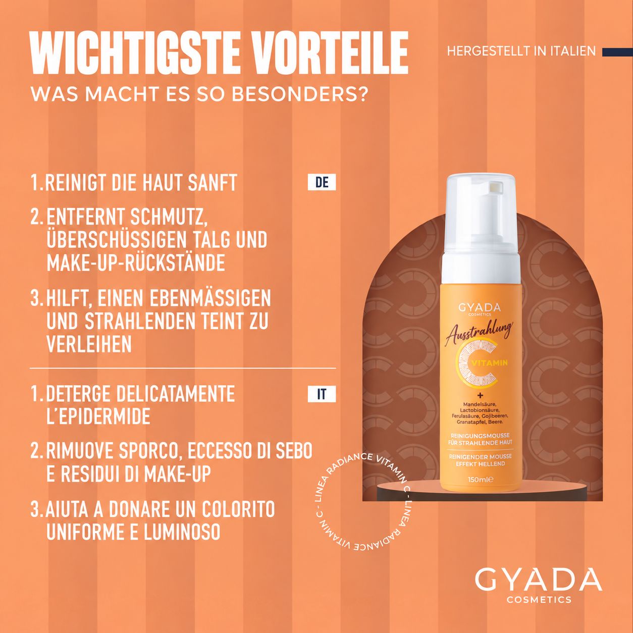 Flasche mit Gyada Cosmetics Radiance C Vitamin Reiniger und Aufhellender Effekt Schaum. 150ml.