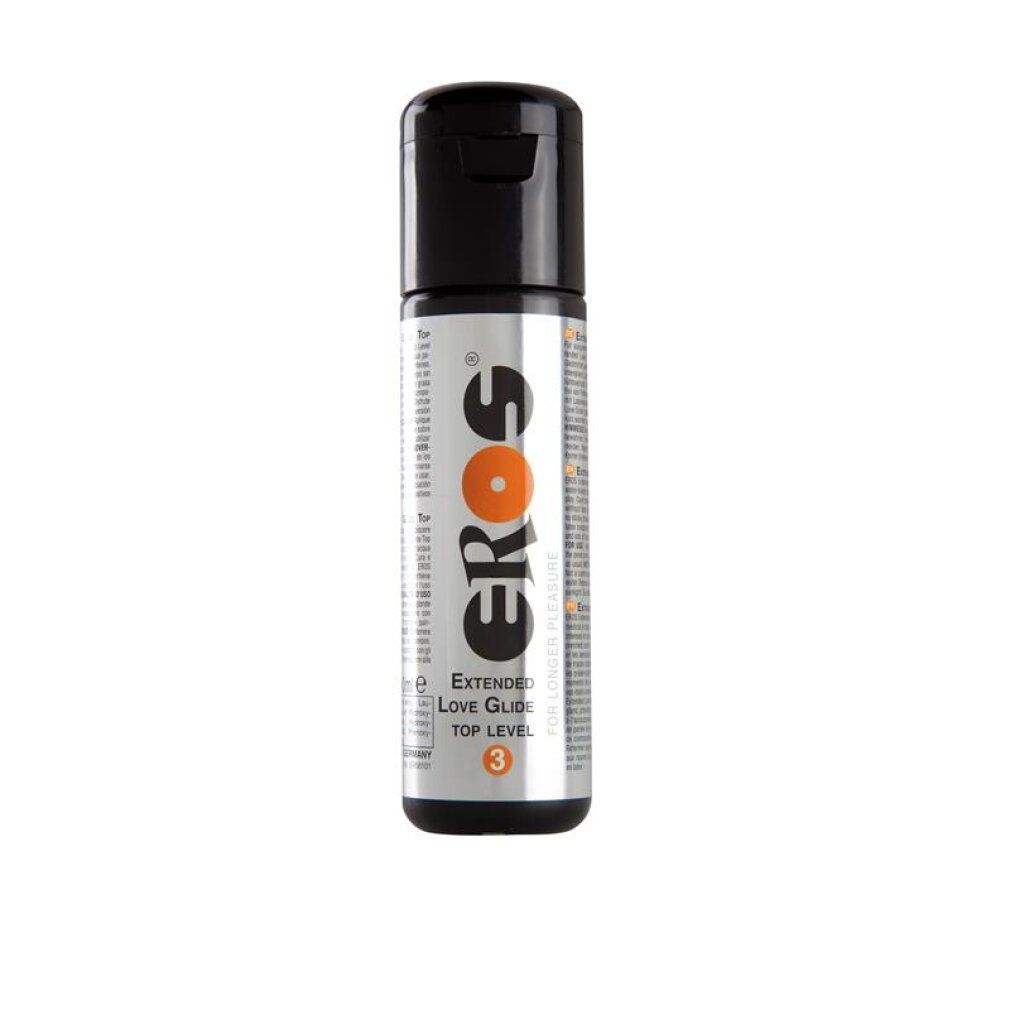 Eros Gleitgel Flasche mit schwarzem Klappdeckel. Silbernes Etikett mit schwarzer Schrift und orangefarbenem Kreis.