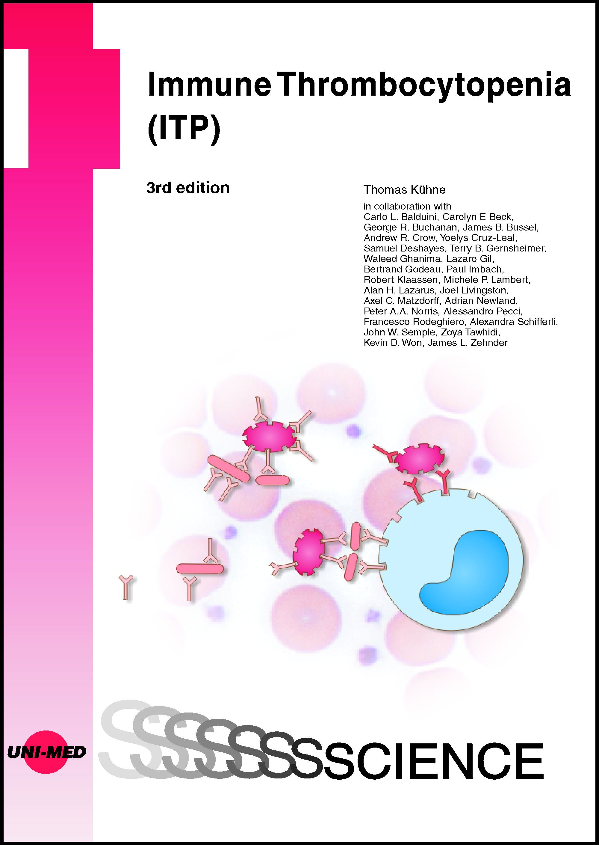 Buchcover mit dem Titel „Immune Thrombozytopenie (ITP)“. 3. Auflage. Illustrationen von Zellen und Antikörpern.