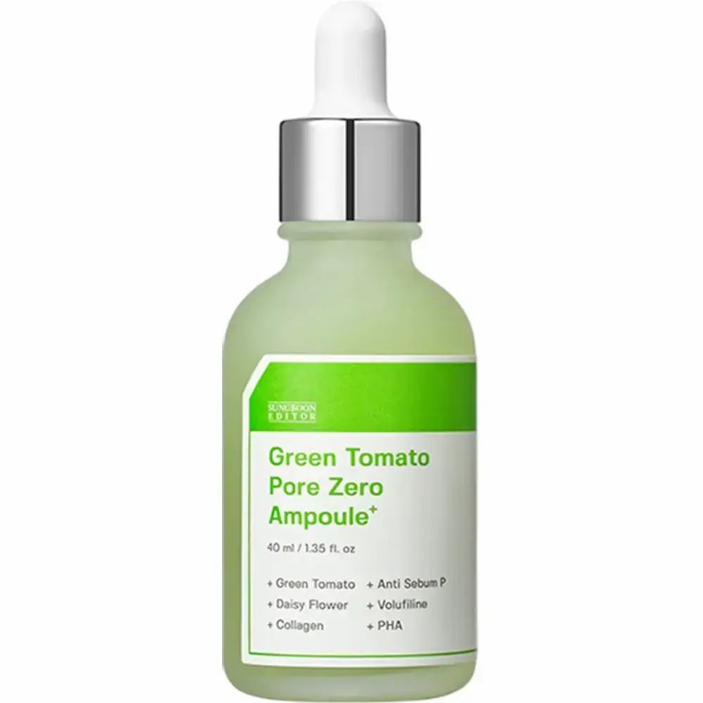 Grüne Flasche mit weißem Deckel. Aufschrift: Green Tomato Pore Zero Ampoule+. Enthält Inhaltsstoffe wie grüner Tomate und Kollagen.