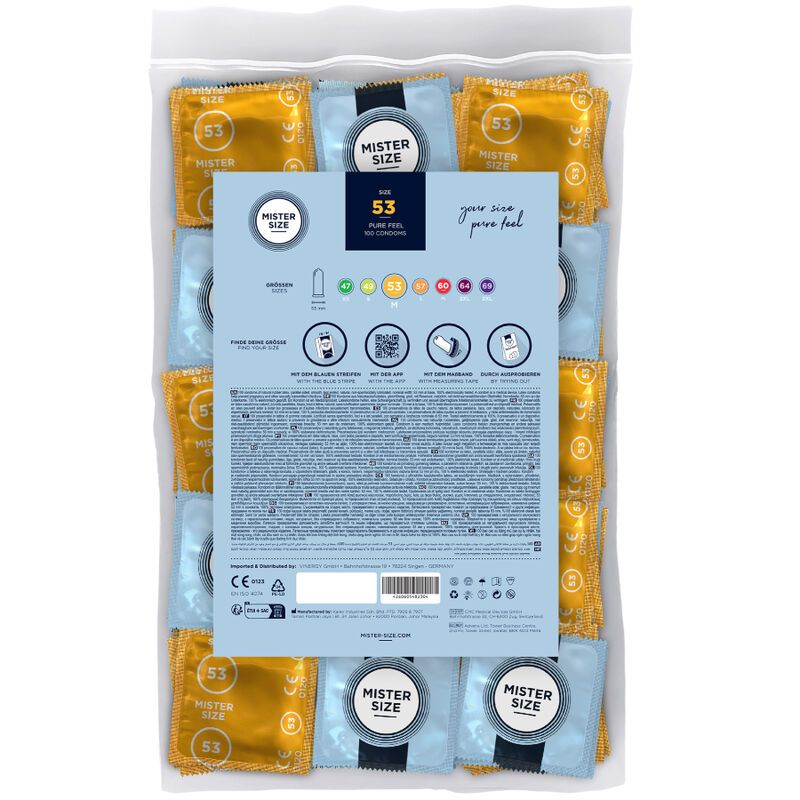 Verpackung mit Kondomen. Rückseite mit Informationen. Aufdruck: Mister Size, 53. Größenangaben.