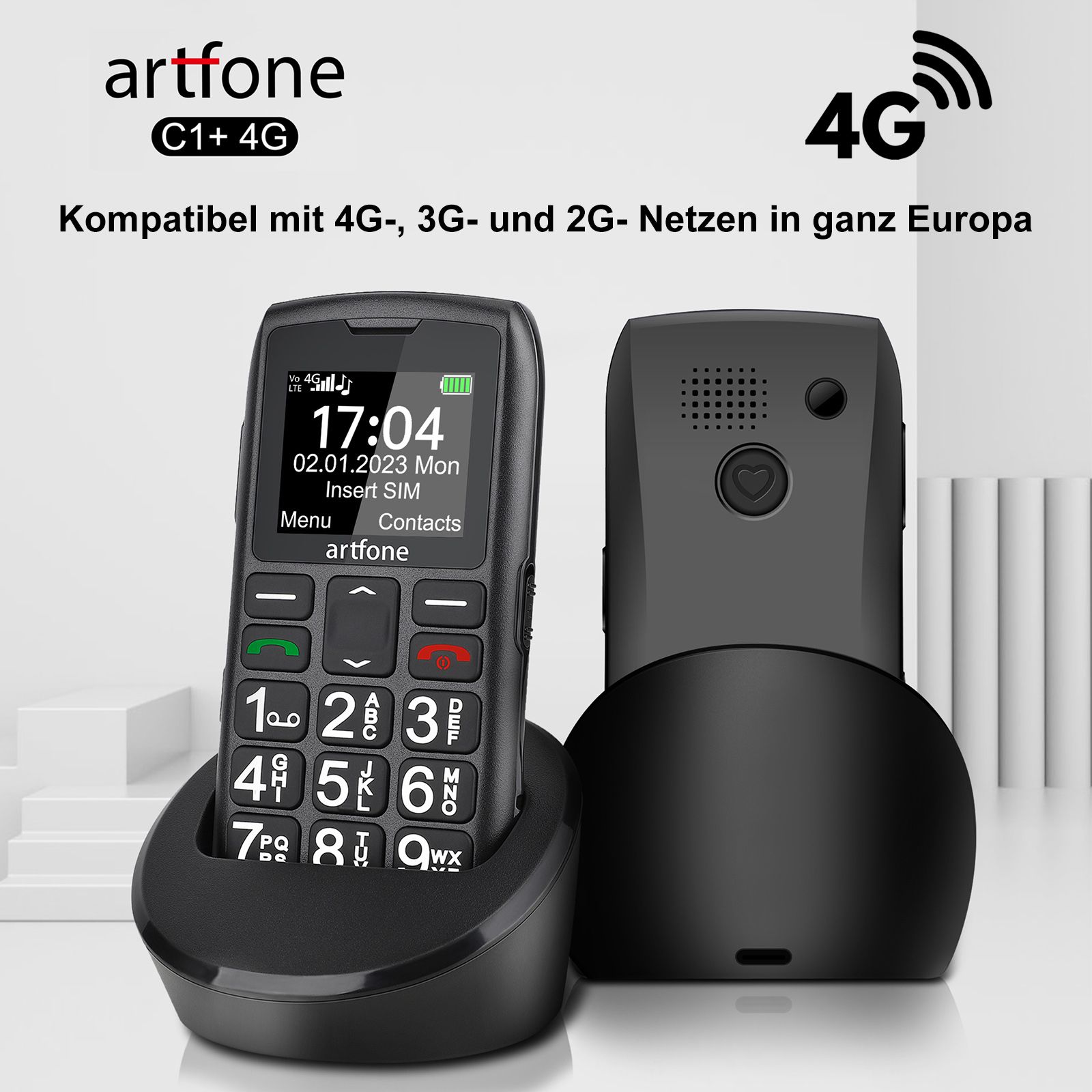 artfone C1+ 4G Seniorenhandy | SOS-Taste, Ladestation, Bluetooth, Kamera, USB-C, Großtasten | Robust