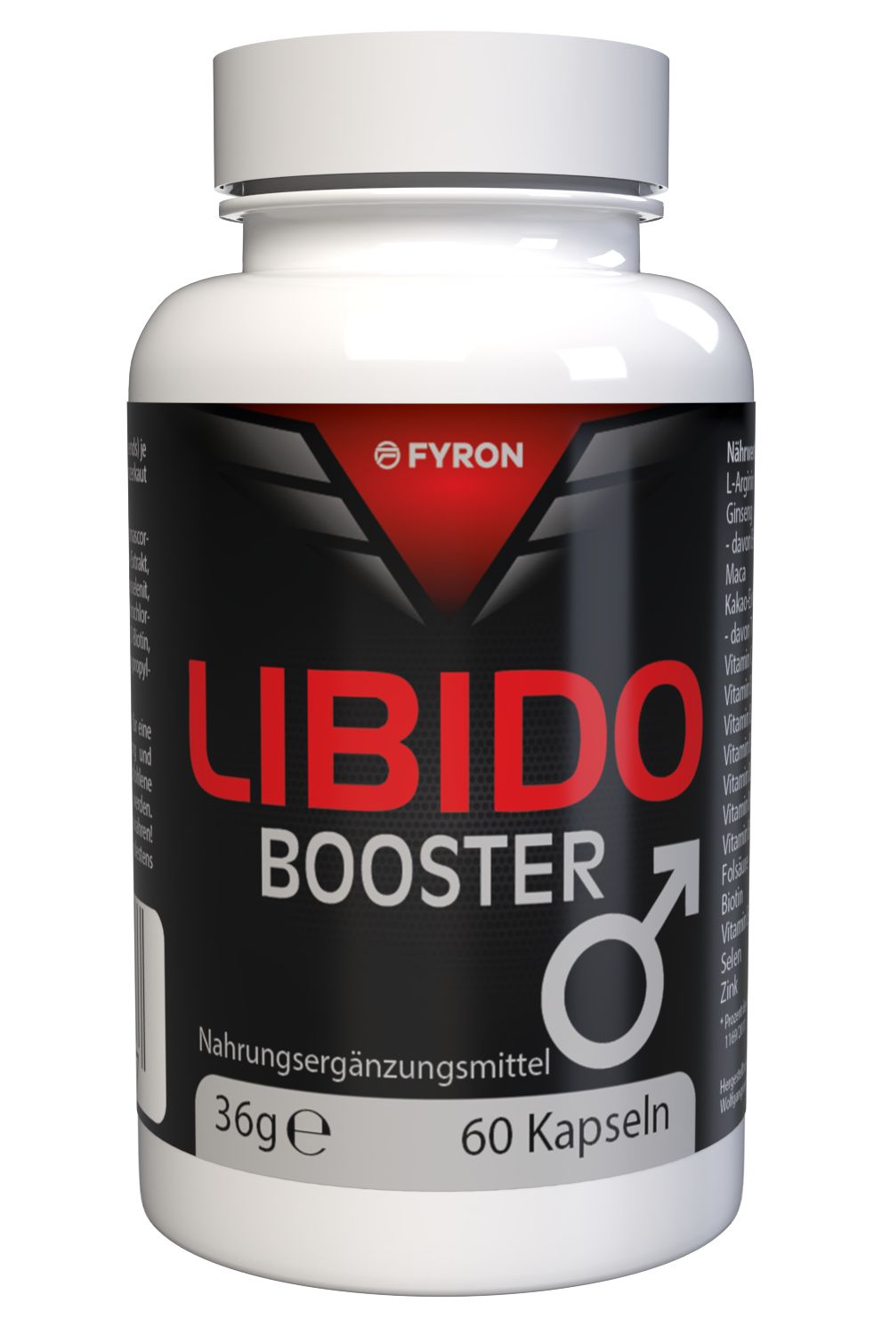 Weiße Kapsel-Dose mit roter und schwarzer Beschriftung. Aufschrift: Libido Booster. Logo: FYRON. Enthält 60 Kapseln.