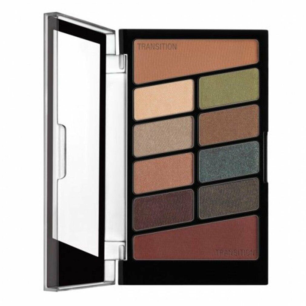 Schwarze Lidschattenpalette mit 10 Farben und Spiegel. Enthält Farbtöne von Beige bis Braun und Grün. Marke: wet n wild.