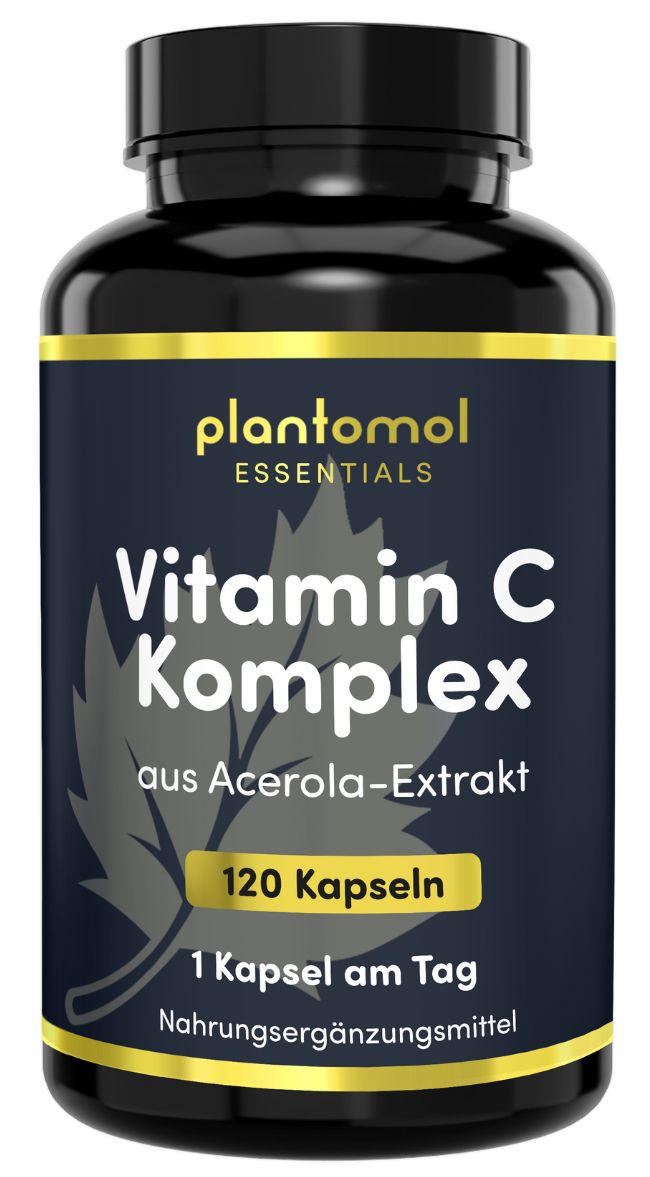 Schwarze Flasche mit gelbem Etikett. Aufschrift: plantomol Essentials Vitamin C Komplex aus Acerola-Extrakt. 120 Kapseln.