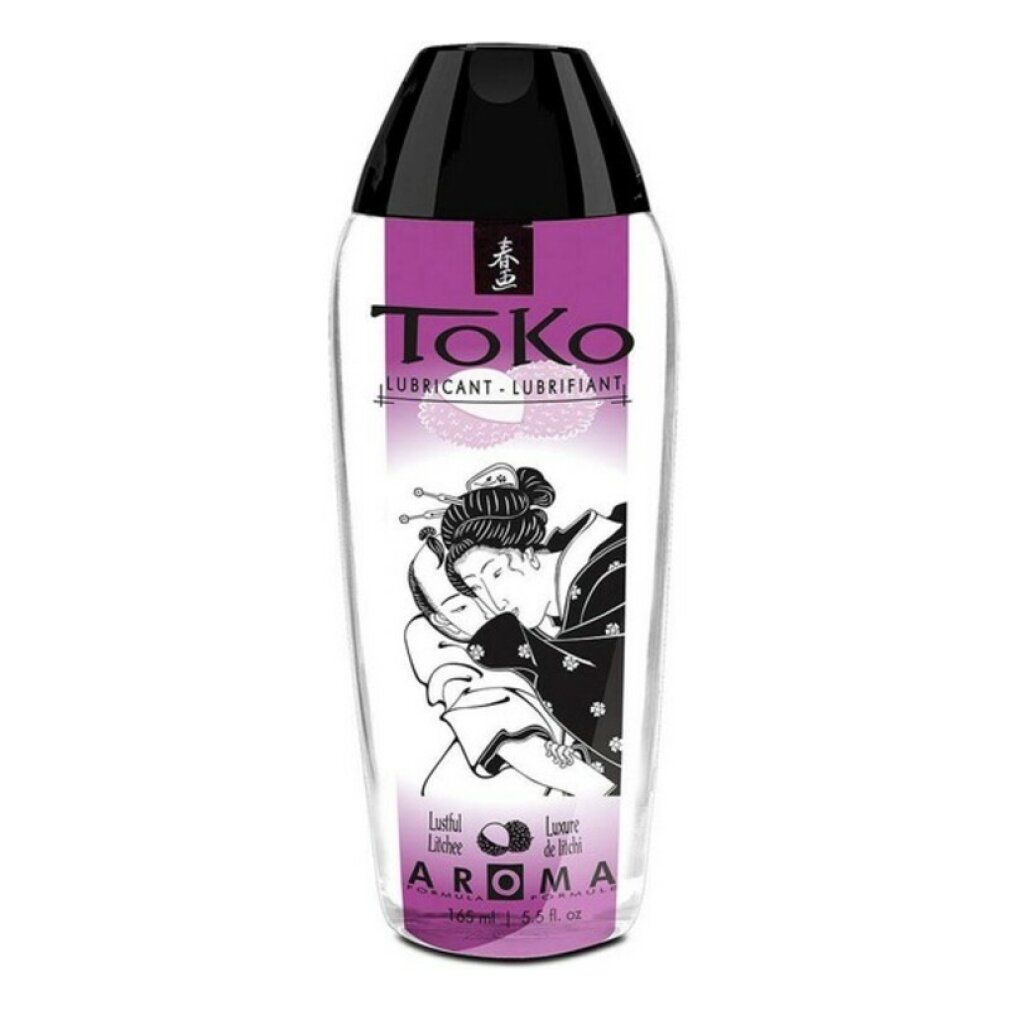 Toko Aroma Gleitmittel mit Lychee-Duft. Transparente Flasche mit schwarzem Verschluss und japanischem Motiv.