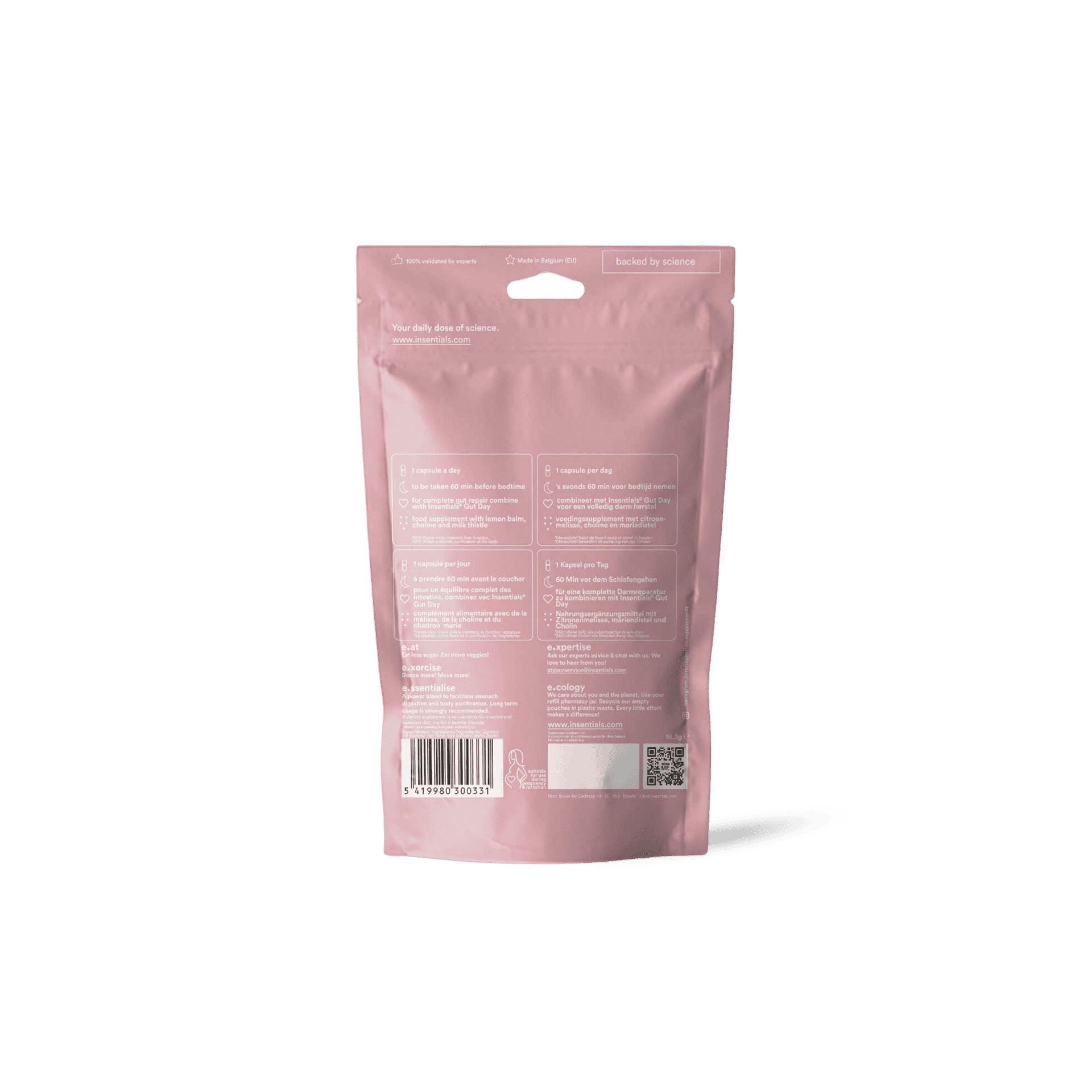 Rosa Beutel mit Text und Barcode. Aufschrift: Insentials. Darm Night. Nächtliche Unterstützung für Magen und Verdauung.