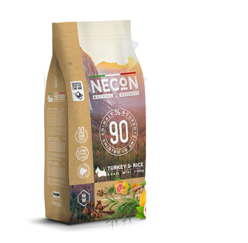Verpackung von Necon-Petfood NW Pute und Reis Adult Mini. Aufschrift: 90% tierischen Ursprungs, Truthahn & Reis, Adult Mini.