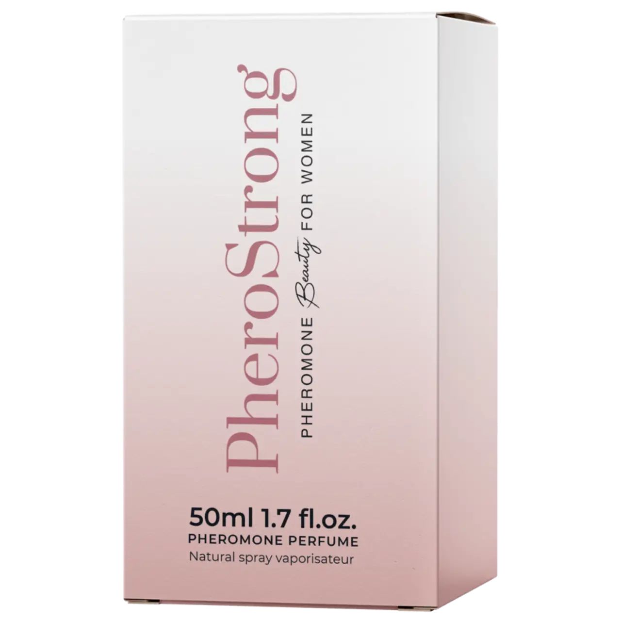 Verpackung von PheroStrong Beauty für Frauen. 50ml. Weiß mit rosa Schrift. Text: Pheromone Parfum. Natural spray vaporisateur.