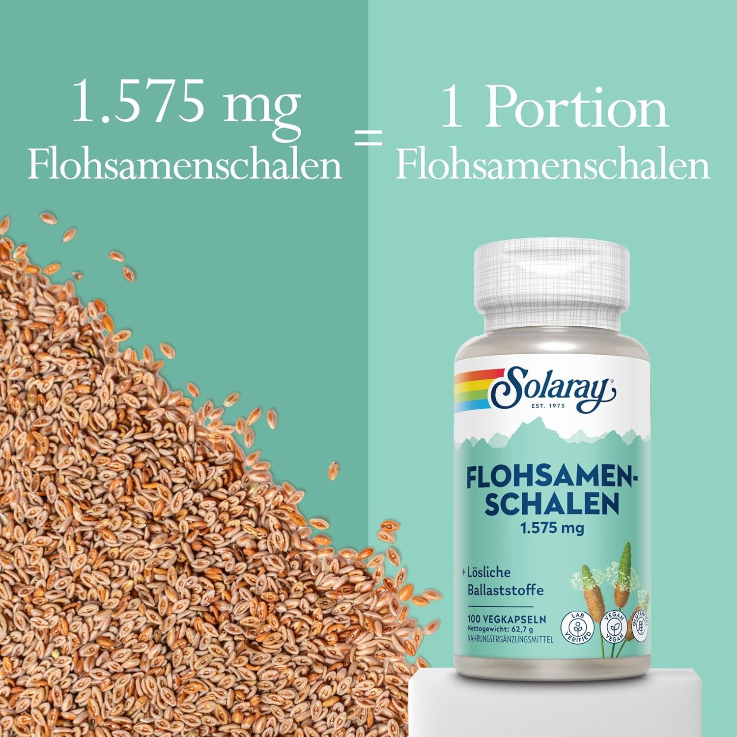 Vergleich: 1.575 mg Flohsamenschalen = 1 Portion. Daneben eine Flasche Solaray Flohsamenschalen Kapseln.