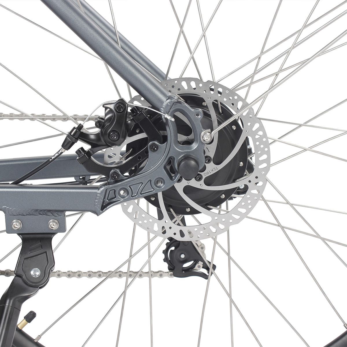 Hinterrad des grauen E-Bikes. Scheibenbremse, Zahnkranz, Kette. Rahmen und Aufhängung sichtbar.