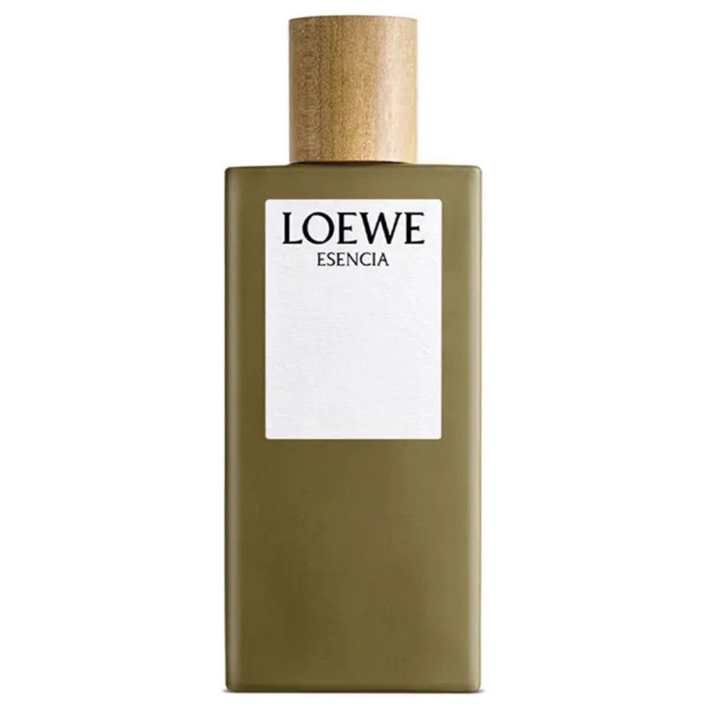 Loewe Esencia Eau de Toilette Flakon. Rechteckiger, brauner Flakon mit Holzverschluss. Weißes Etikett mit Logo.