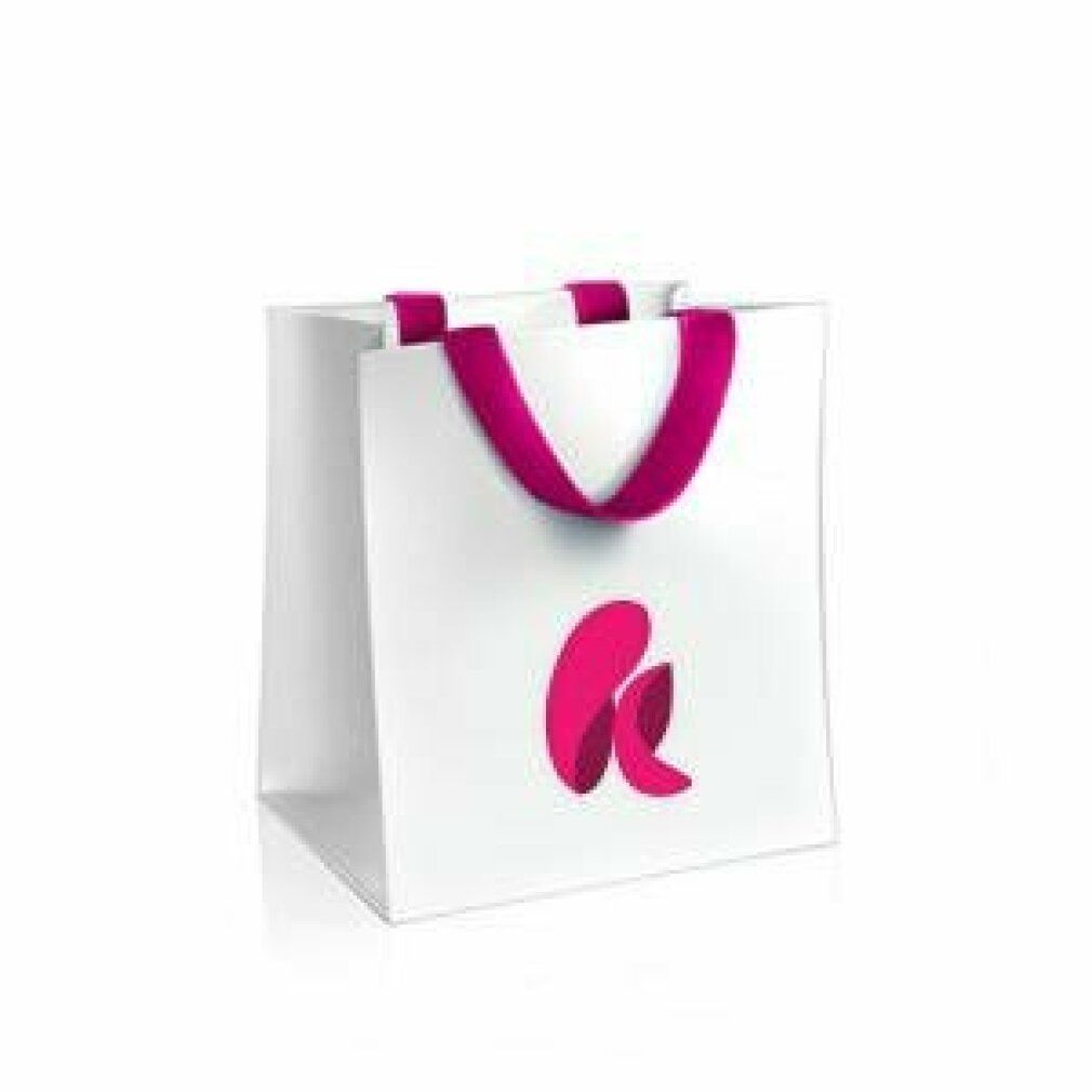 Weiße Papiertüte mit pinkfarbenen Henkeln und Logo. Das Logo ist pink und abstrakt.
